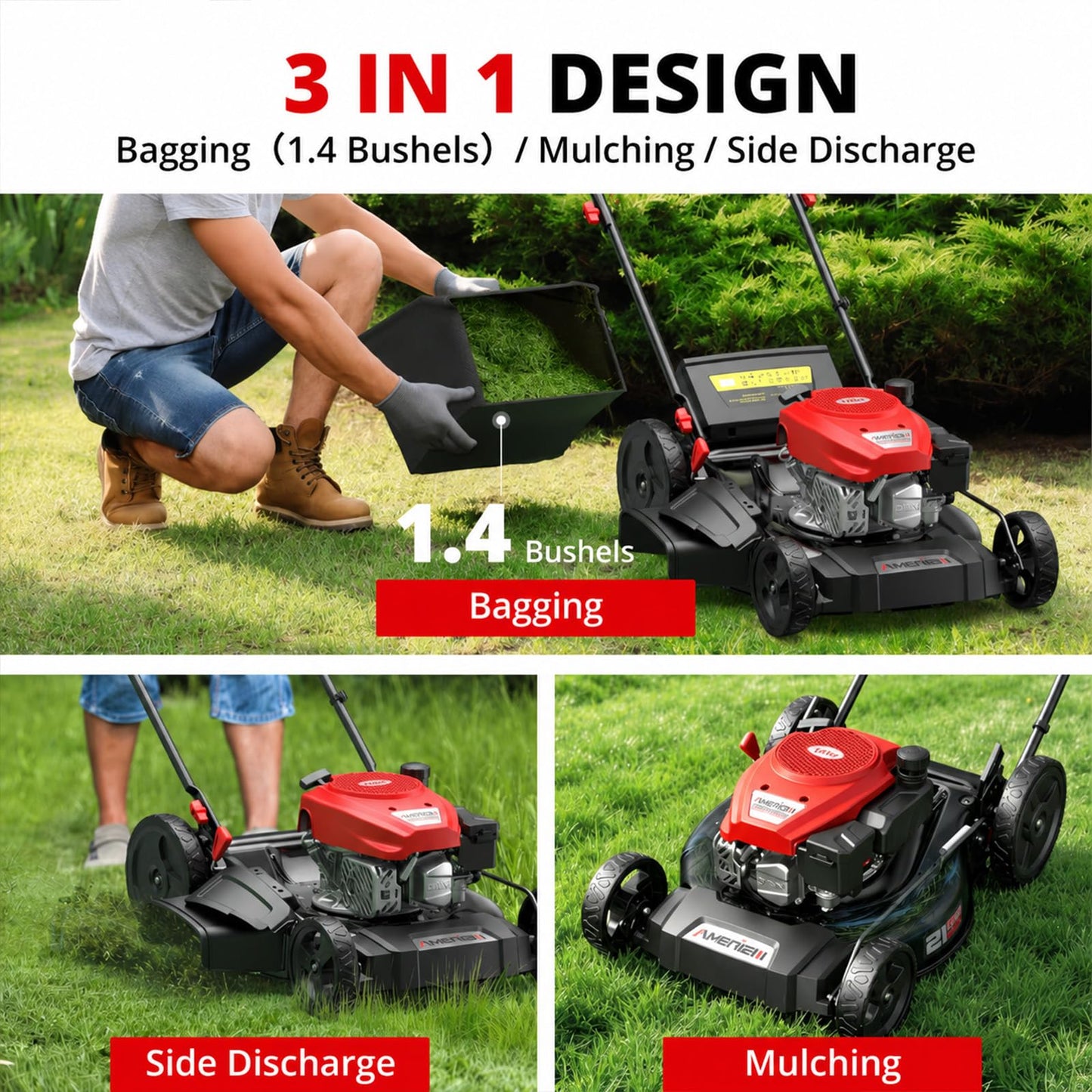 AMERISUN Gas Lawn Mower 21 in, 144cc 4-Stroke Walk-Behind Push Mower, 3-in-1 Mulch Bag Side Discharge System, 6 Adjustable Cutting Heights, Heavy Steel Deck for Yard & Garden Care