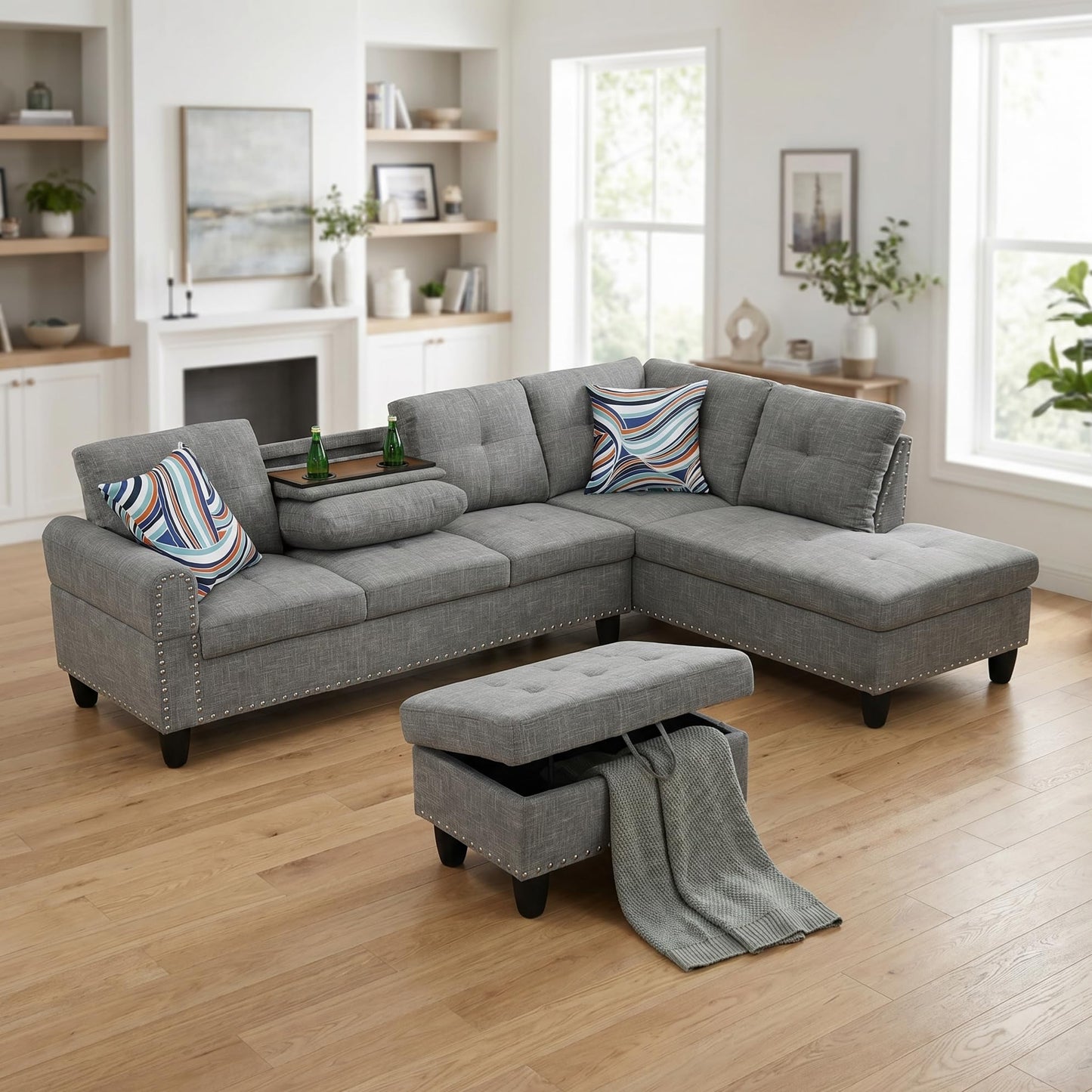 Trygoal 97.5" Linen L Shaped Couch with Right Chaise & Cup Holder, Sectional Sofas Modular Furniture Set with Storage Ottoman, Convertible Couches for Living Room, Small Space & Office (Grey)