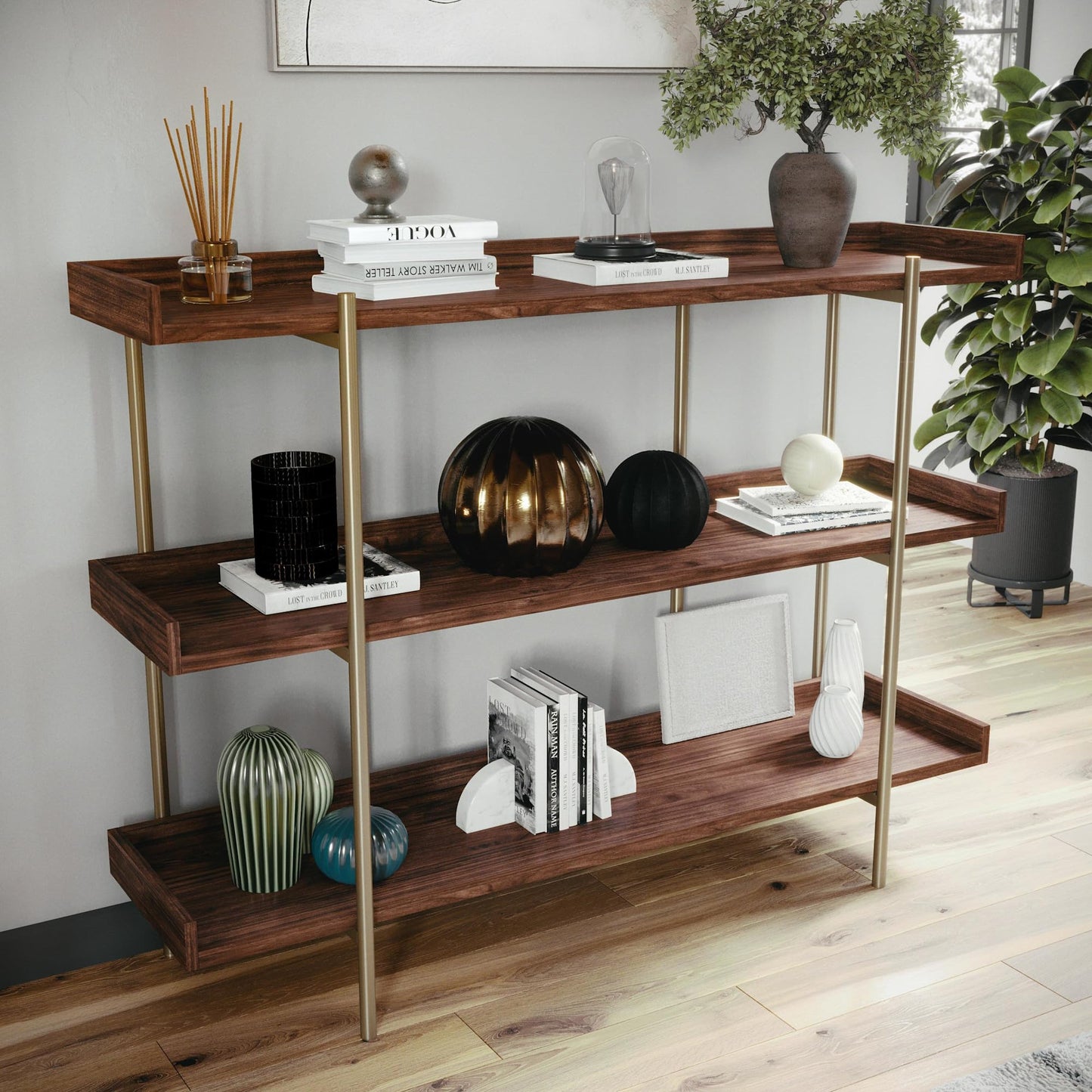 Martha Stewart Emmett 3 Shelf Bookcase with Vertical Metal Frame, Home Office Storage Display Unit, 35" H, Walnut Wood Grain/Polished Brass