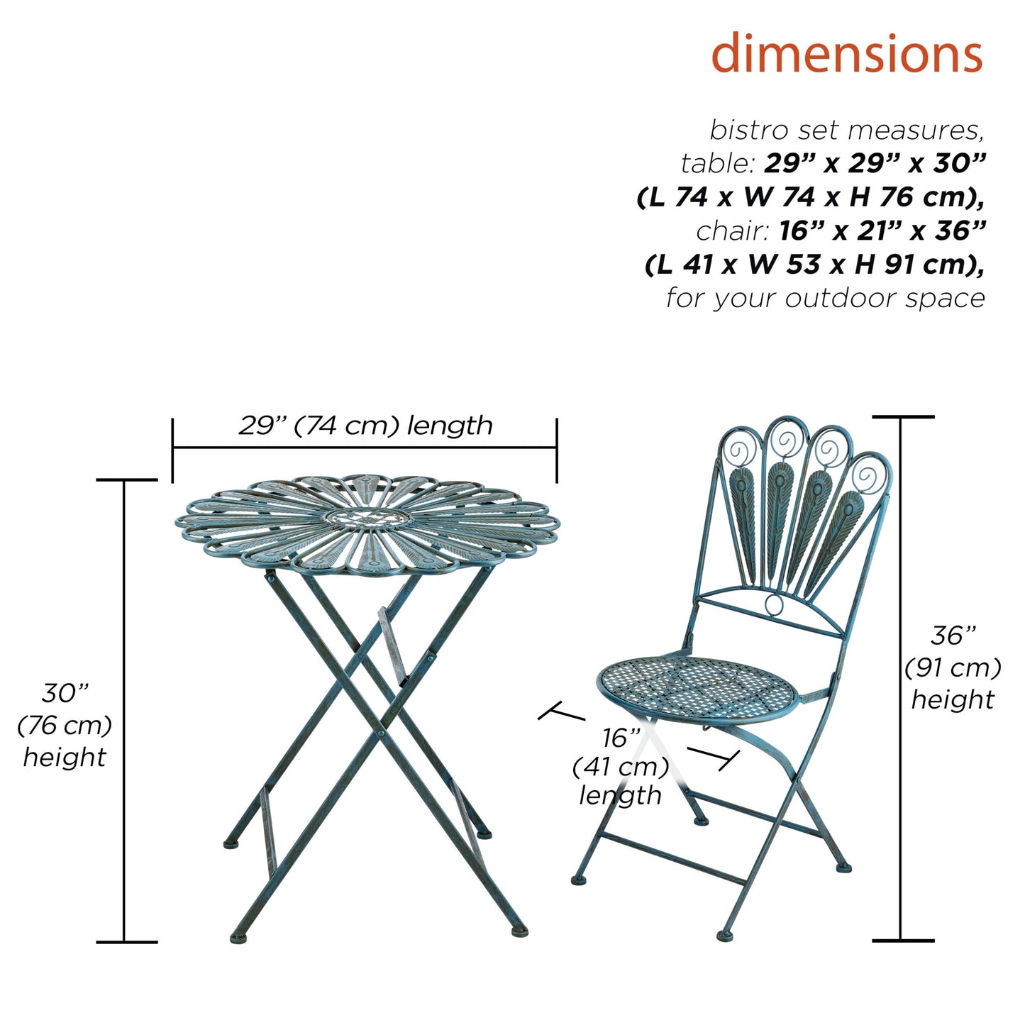 Alpine Corporation Indoor/Outdoor 3-Piece Peacock Feather Rustic Metal Bistro Set Patio Seating, Light Blue