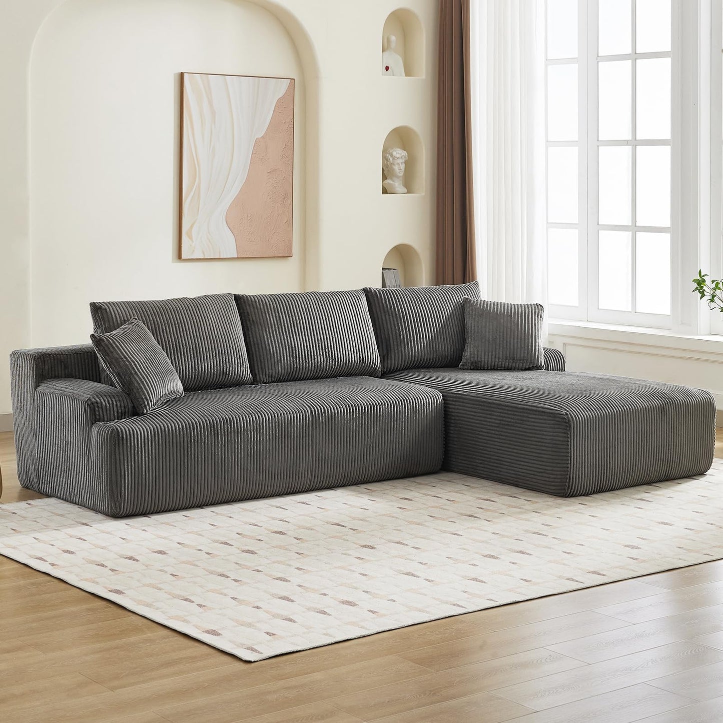 Cloud Boneless L-Shape Couch 108" Modern Sectional Comfy No Assembly Required Sleeper Modular Sofa with Corduroy Fabric Deep Seat Loveseat + Chaise Lounge Chair for Living Room