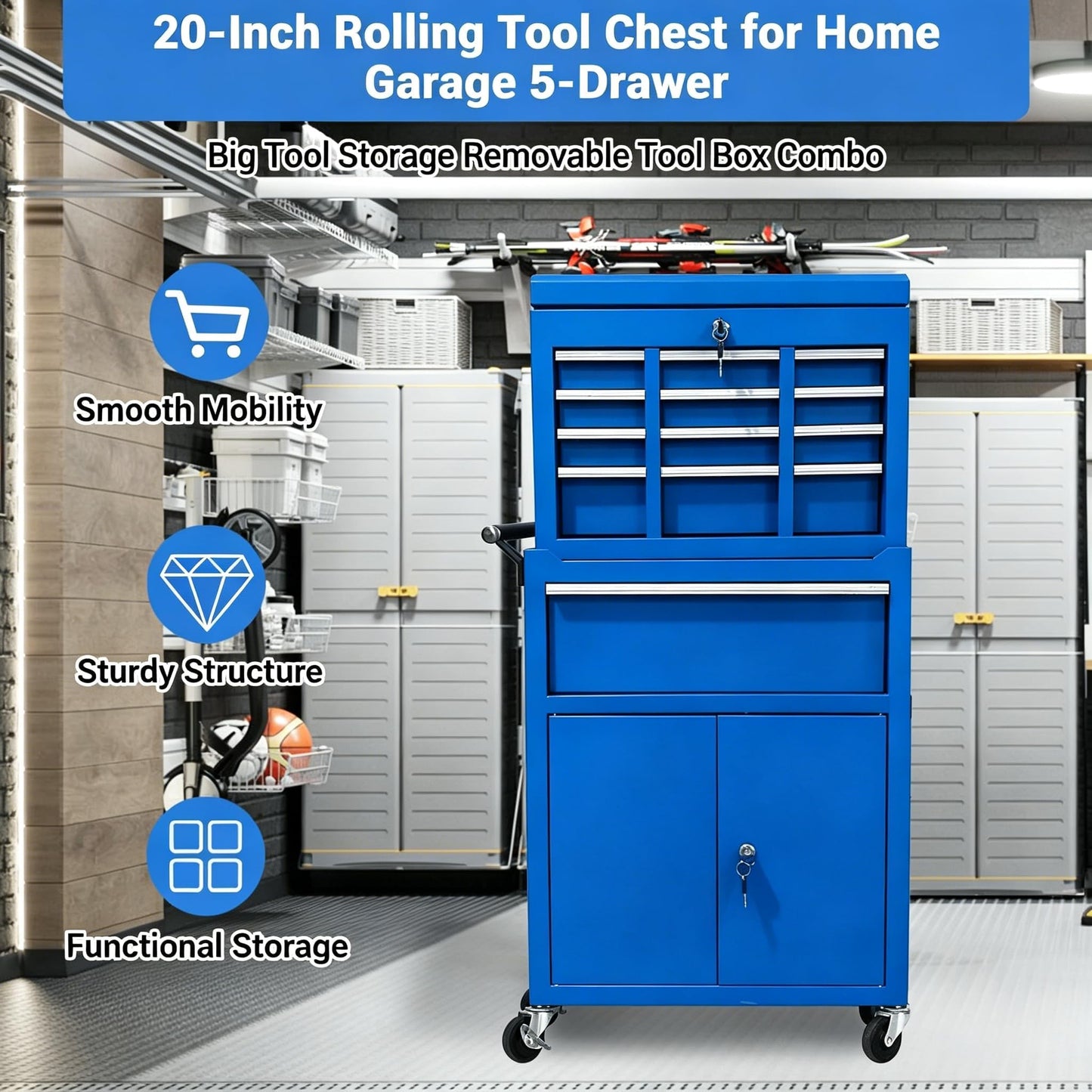 SierraSquad Heavy Duty 5-Drawer Rolling Tool Chest, 2-in-1 Detachable Top Tool Box, Locking Steel Storage Cabinet Cart on Wheels, Blue