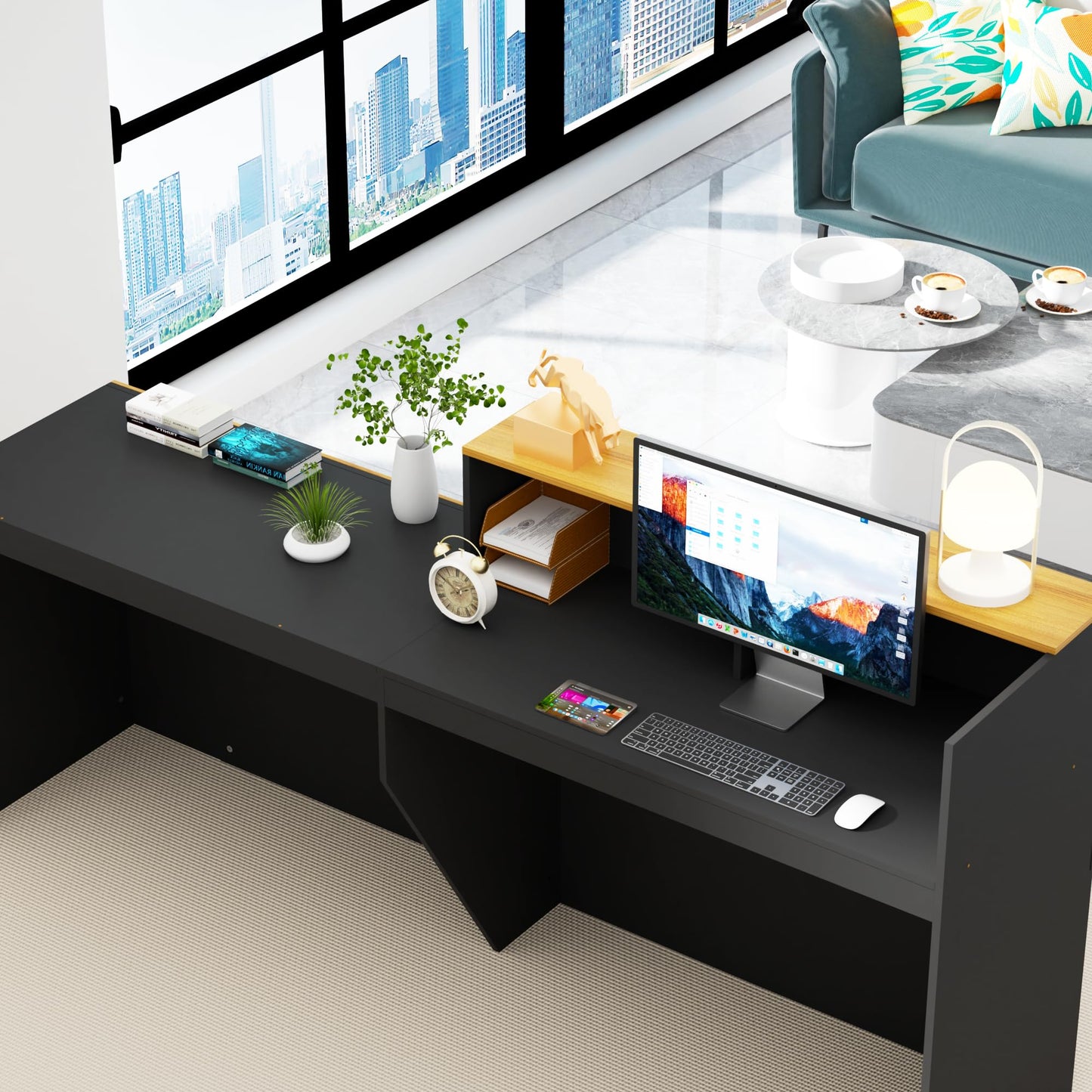 Reception Desk with Counter with Storage Shelves Modern Front Desk Large Wooden Commercial Reception Counter for Checkout, Lobby, Beauty Salon,Office,Black