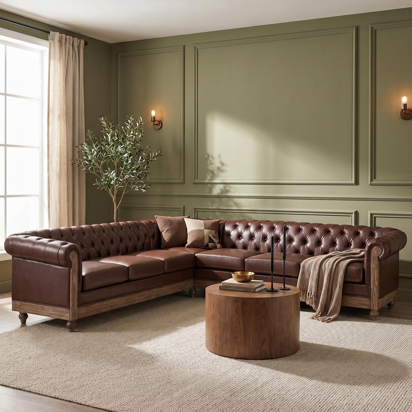 Merax PU Chesterfield Sofa, Retro Upholstered 6 Seater Leather Rolled Arm Couch for Living Room Bedroom, Dark Brown