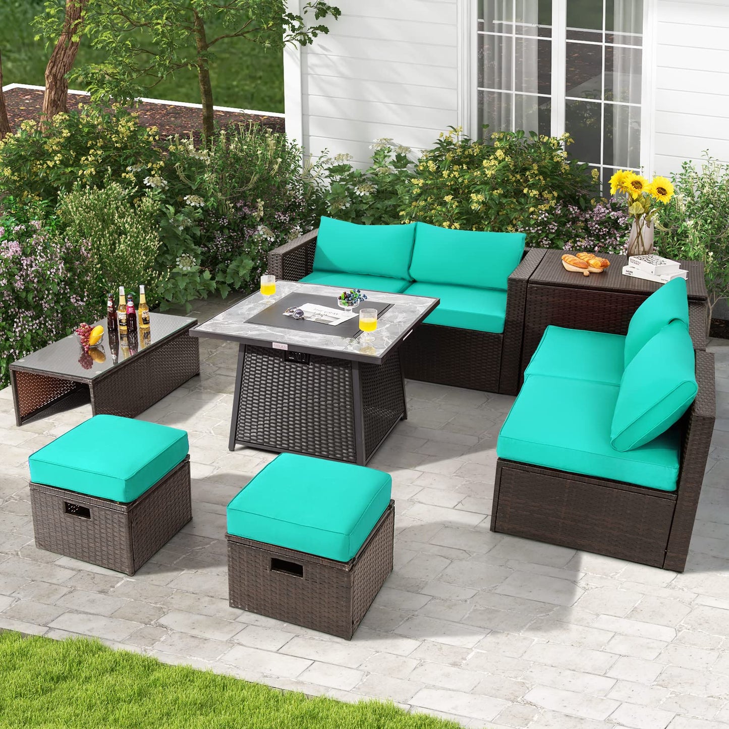 Tangkula 9 Pieces Outdoor Patio Furniture Set with 35-Inch Propane Fire Pit Table, Outdoor PE Wicker Sectional Sofa Set with Storage Box and Cushions, 50,000 BTU Gas Fire Pit Table (Turquoise)