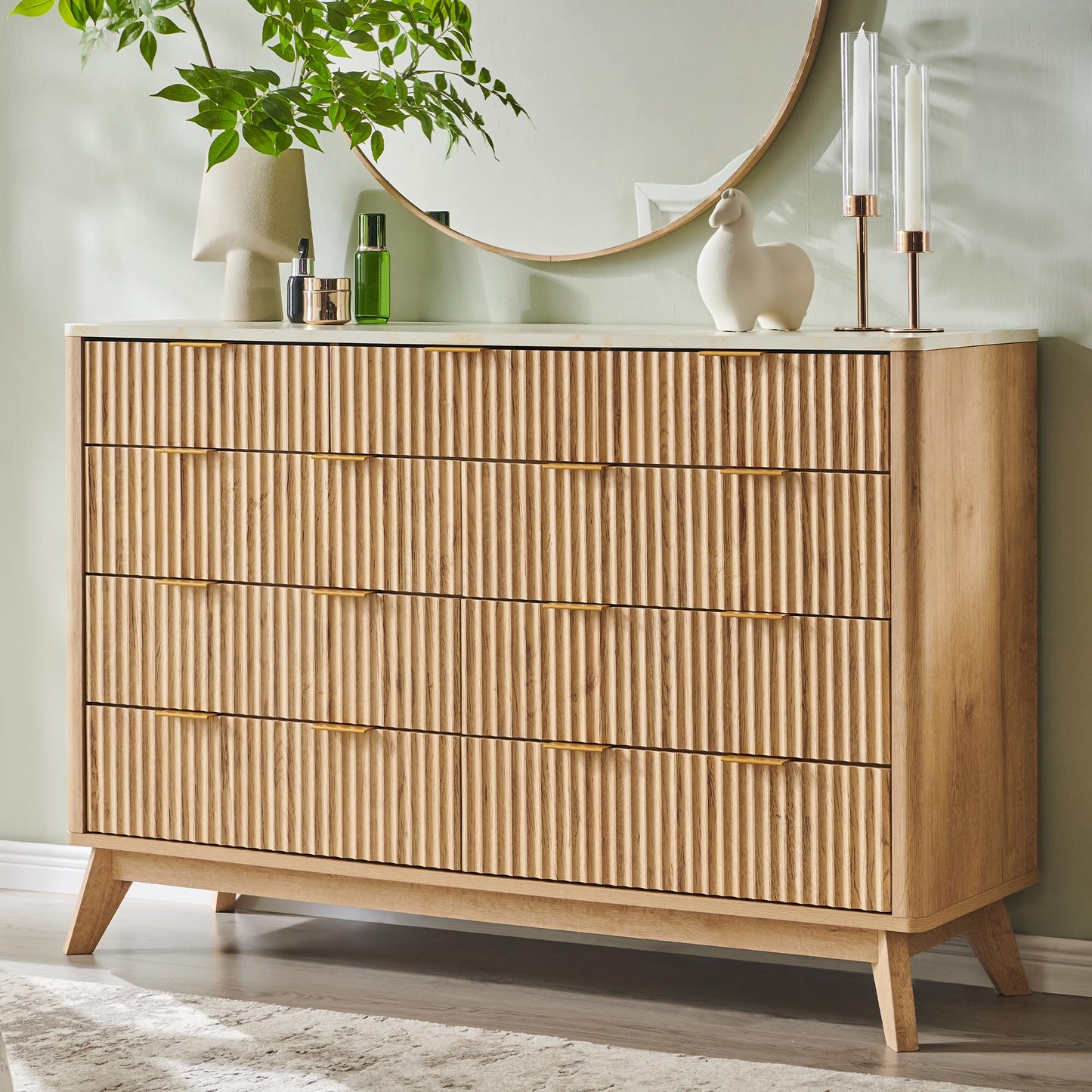 T4TREAM Fluted 9 Drawer Dresser, Modern Chest of Drawers with Faux Marble Top, Curved Profile Design, Dresser TV Stand, Wood Drawer Organizer for Bedroom, Living Room, Hallway, Natural Oak