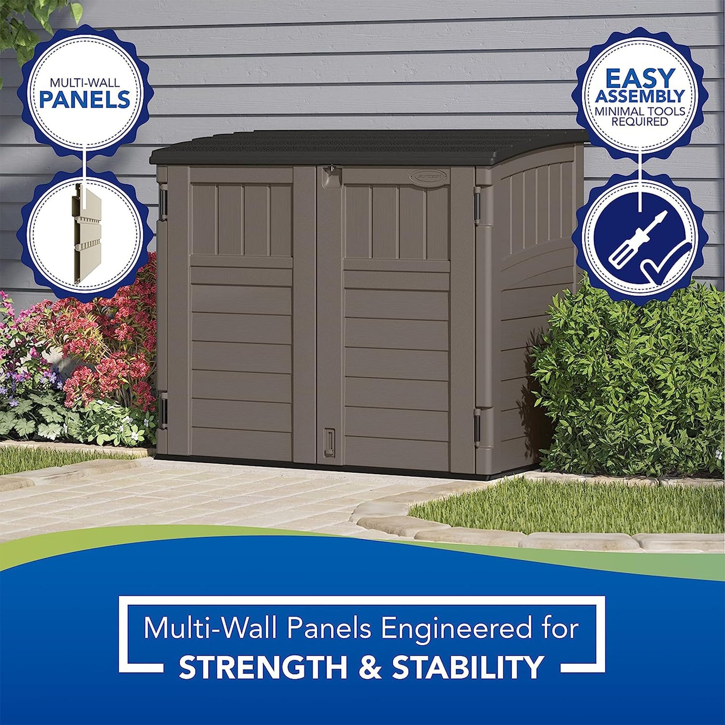 Suncast 34 Cu Ft Horizontal Resin Storage Shed - Outdoor Storage Shed with Floor Included, Lockable, Weatherproof, Fits Small to Medium Trash Cans, Generators, & Garden Tools, Stoney Black