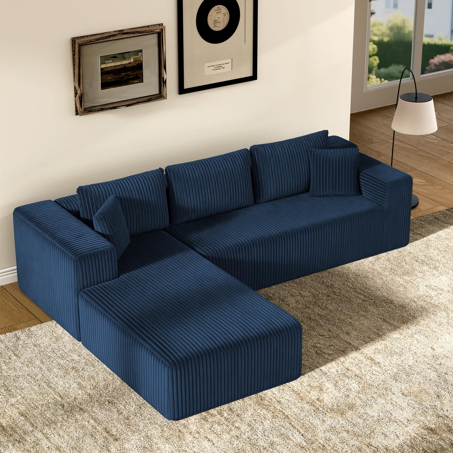 TRUNBACK 106" Modular Sectional Sofa, Blue Corduroy Cloud Couch with Right Chaise, Deep Seat Boneless Floor Sofa for Living Room, High-Resilience Foam Support, No Assembly Required, Includes Pillows