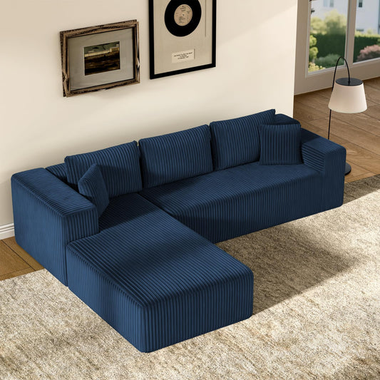 TRUNBACK 106" Modular Sectional Sofa, Blue Corduroy Cloud Couch with Right Chaise, Deep Seat Boneless Floor Sofa for Living Room, High-Resilience Foam Support, No Assembly Required, Includes Pillows