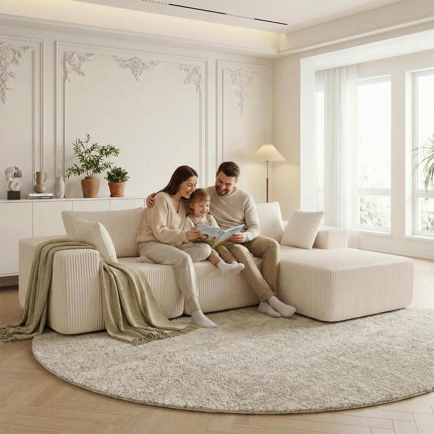 DUMOS 108" Boneless Couch, Cloud Sectional Couch with L-Shape Chaise, Modular Sectional Sofa with Deep Seat, Fluffy Couch for Living Room Bedroom, No Assembly Required, Beige, Right Facing Chaise