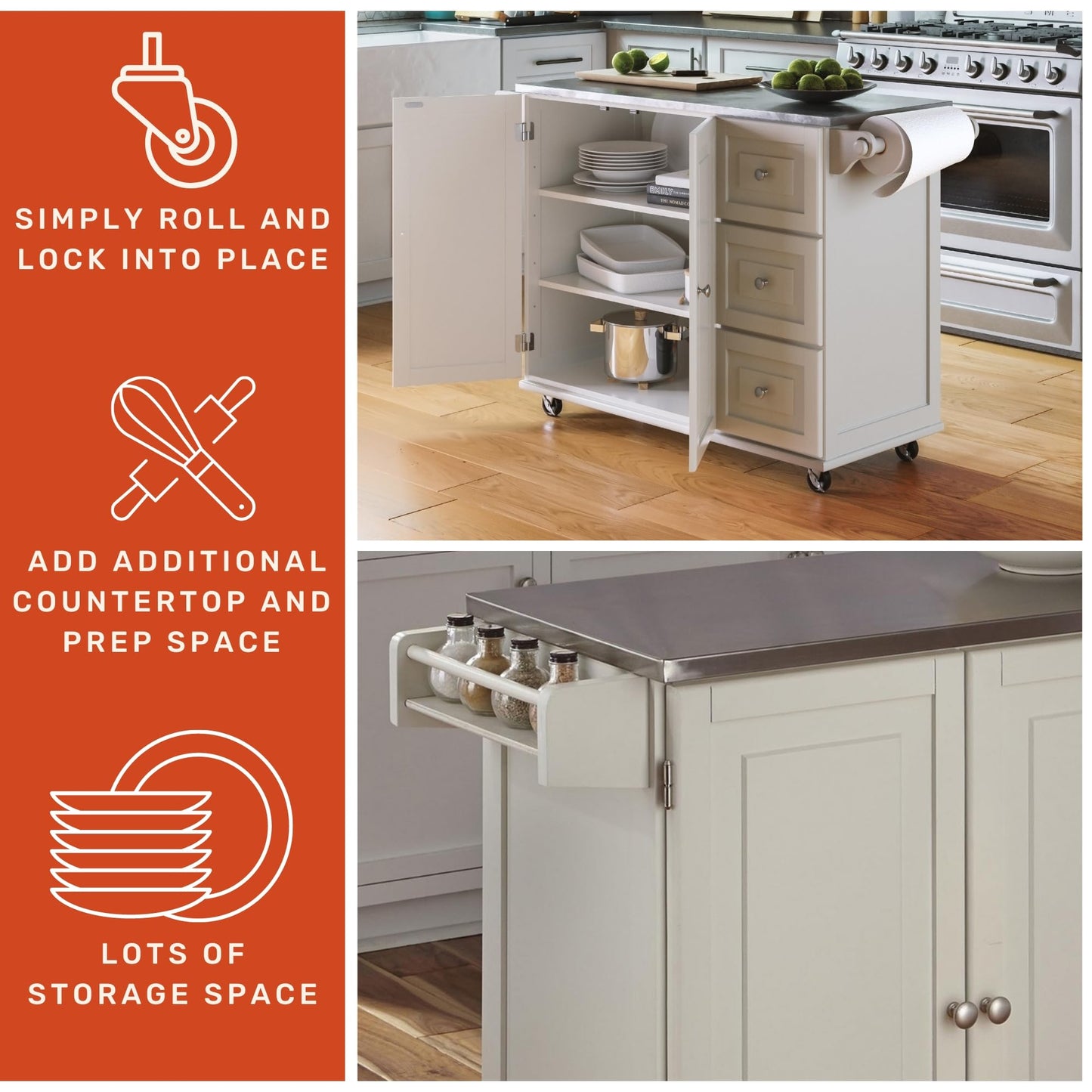 53.5" Kitchen Island Cart with Storage, Rolling Kitchen Cart on Wheels with Stainless Steel Top, Mobile Prep Station with Drawers, Cabinets, Adjustable Shelves & Towel Rack, Solid Wood, Off White