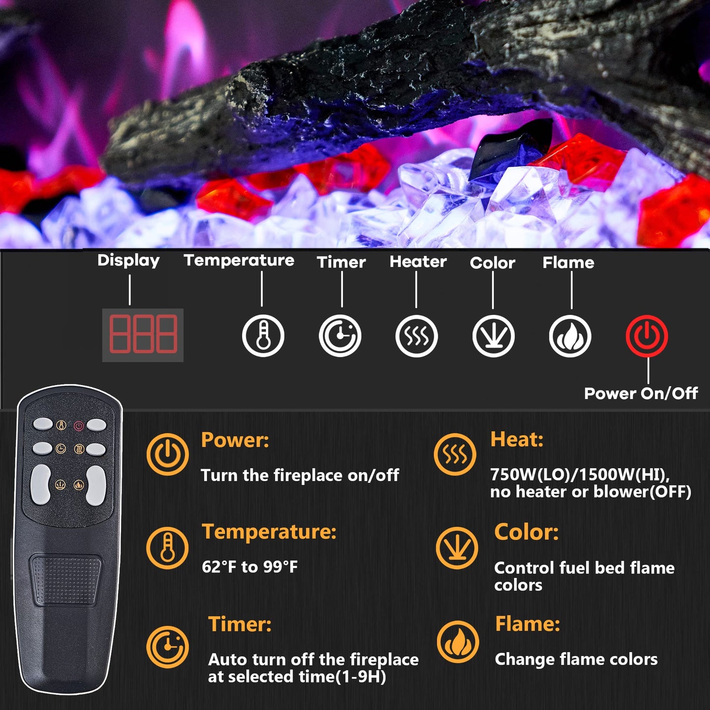 Kentsky 42 inches Electric Fireplace Inserts, Recessed and Wall Mounted Fireplace Heater, Linear Fireplace w/Thermostat, Remote & Touch Screen, Multicolor Flame, Timer, Logs & Crystal, 750W/1500W