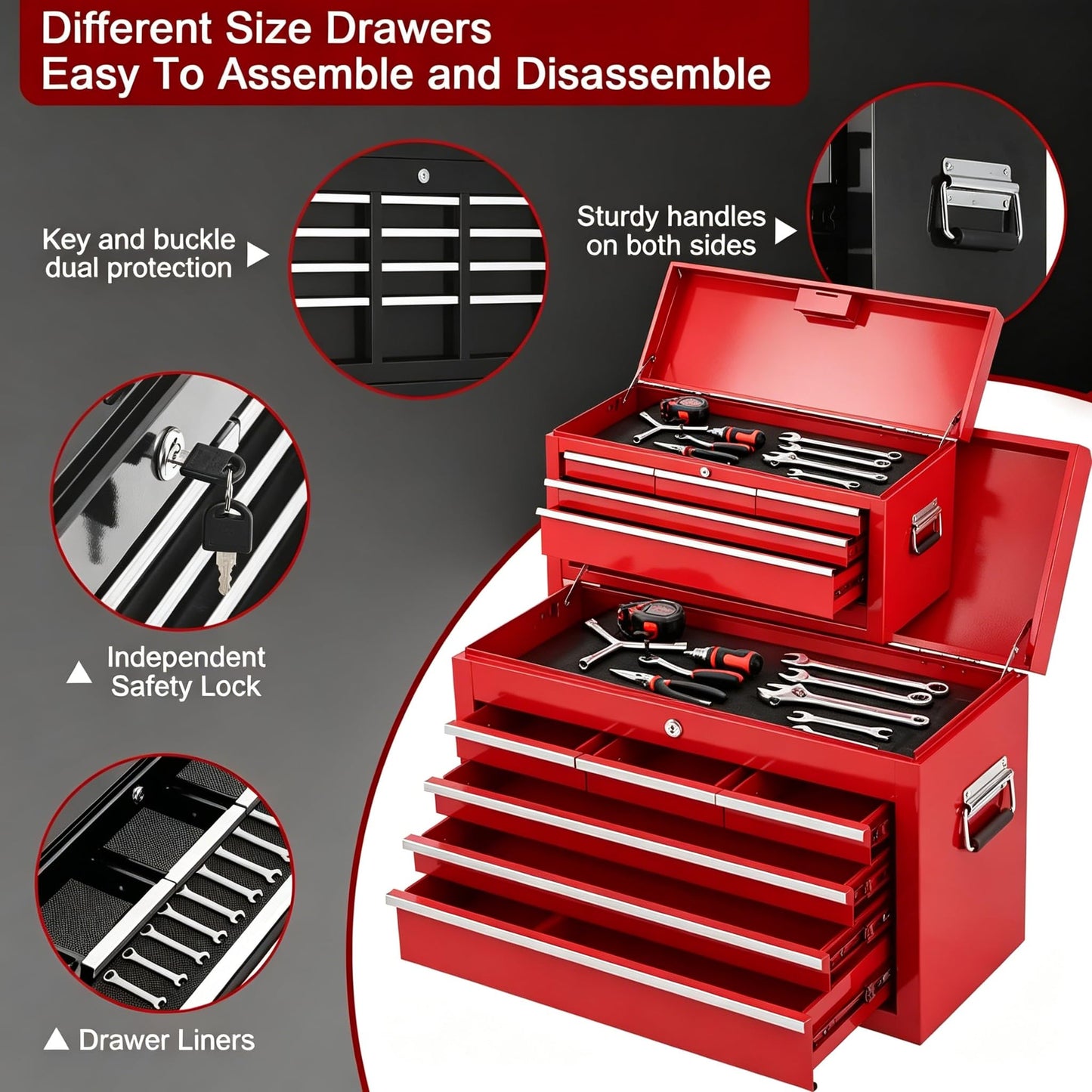 Garvee 8-Drawer Rolling Tool Chest, 2-in-1 High Capacity Tool Storage with Detachable Top Cabinet, Locking System, Wheels and Liners for Garage, Workshop, Red