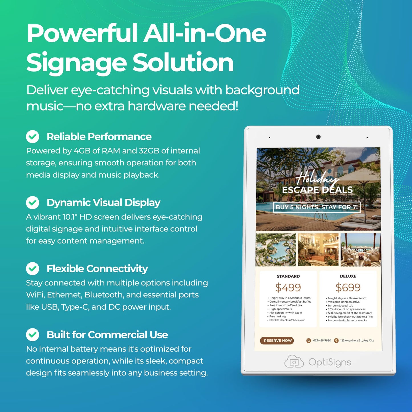 OptiSigns OptiKiosk 10 - Countertop Digital Signage Kiosk, 10.1" HD Touchscreen Display with Wi-Fi, Ethernet & Bluetooth, Software, Optional Background Music