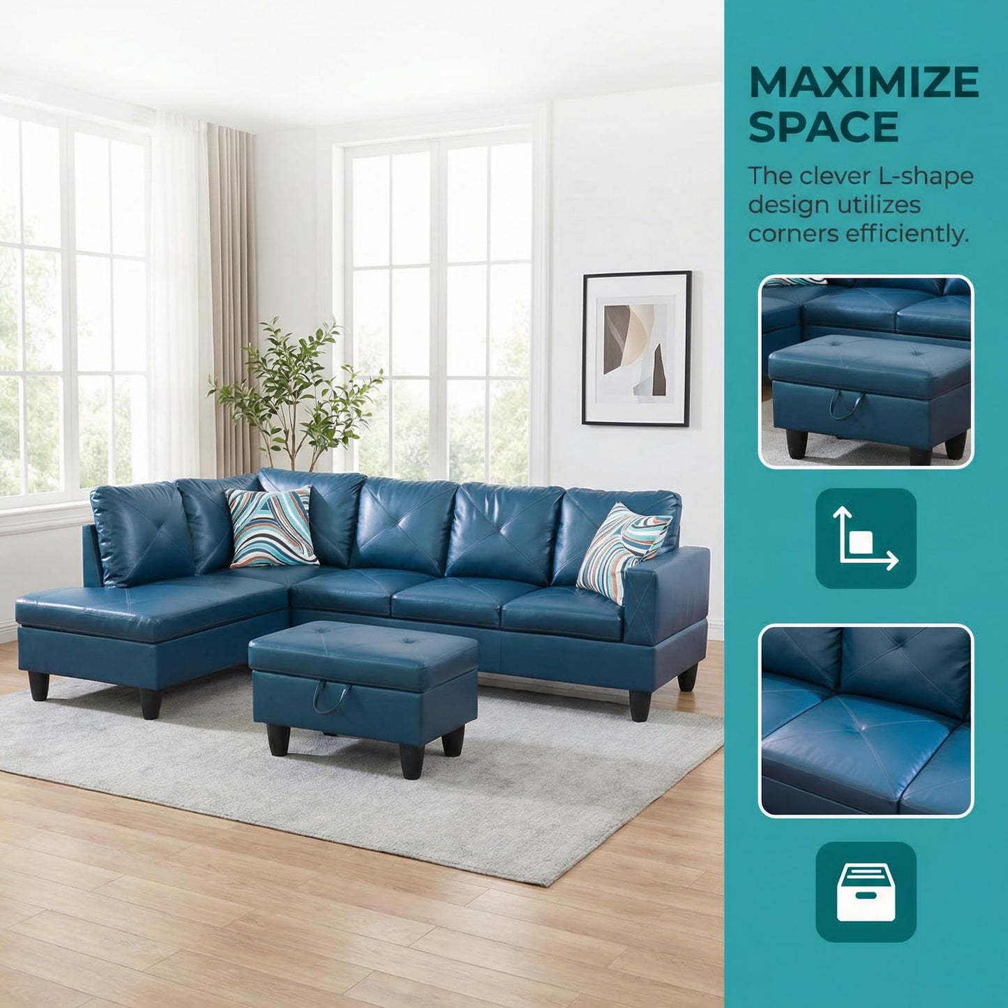 Trygoal 3-Piece L-Shaped Modular Leather Sofa – Convertible Sectional Couch with Movable Chaise & Storage Ottoman, Multi-Scene Use for Living Room, Apartment & Office, Dark Blue