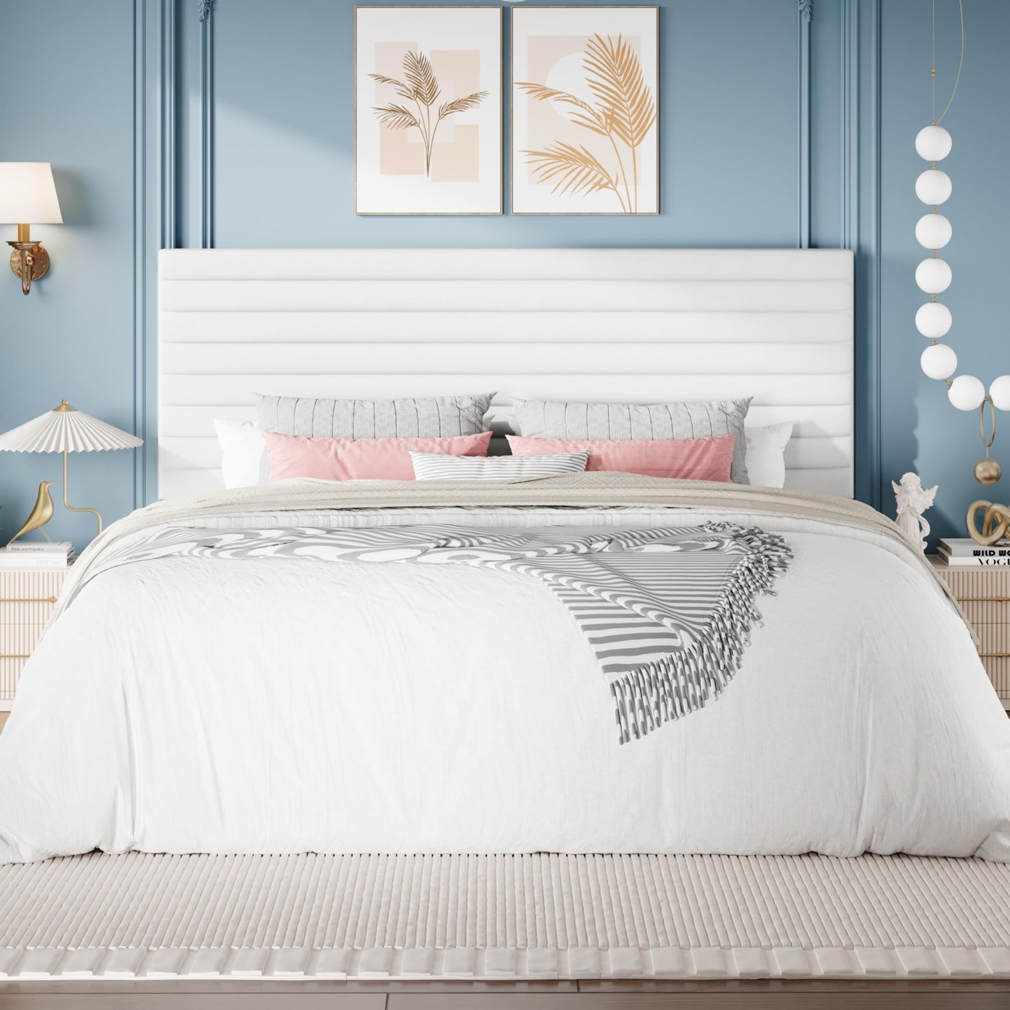 SHA CERLIN King Size Platform Bed Frame with Adjustable Headboard, Velvet Upholstered Bed with Under-Bed Storage, Modern Horizontal Channel Tufted, Wood Slats Support, No Box Spring Needed, White
