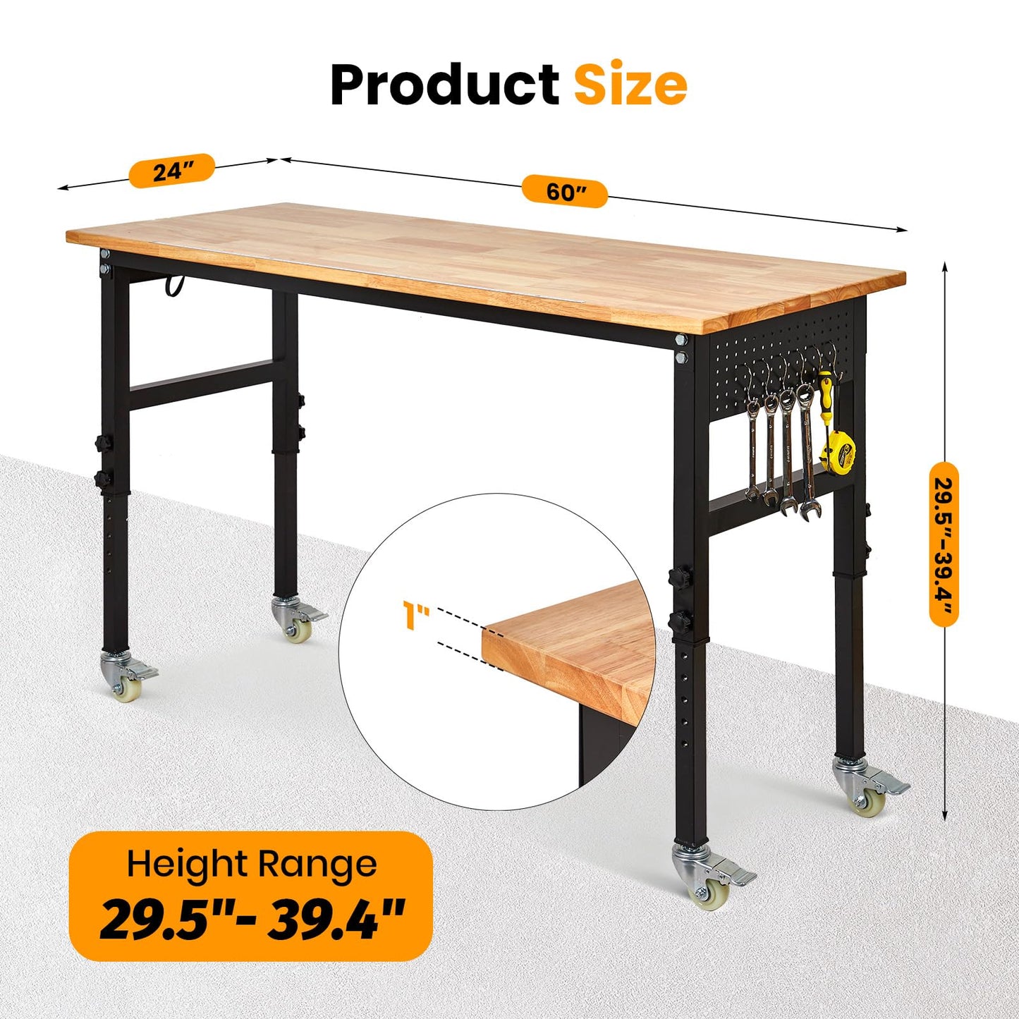 60" Adjustable Workbench with Power Outlet, 2000LBS Capacity Solid Rubber Wood Top & Thickened Steel Legs, 8-Levels Adjustable Heigh Work Table, Easy Assembly for Garage, Workshop, Home
