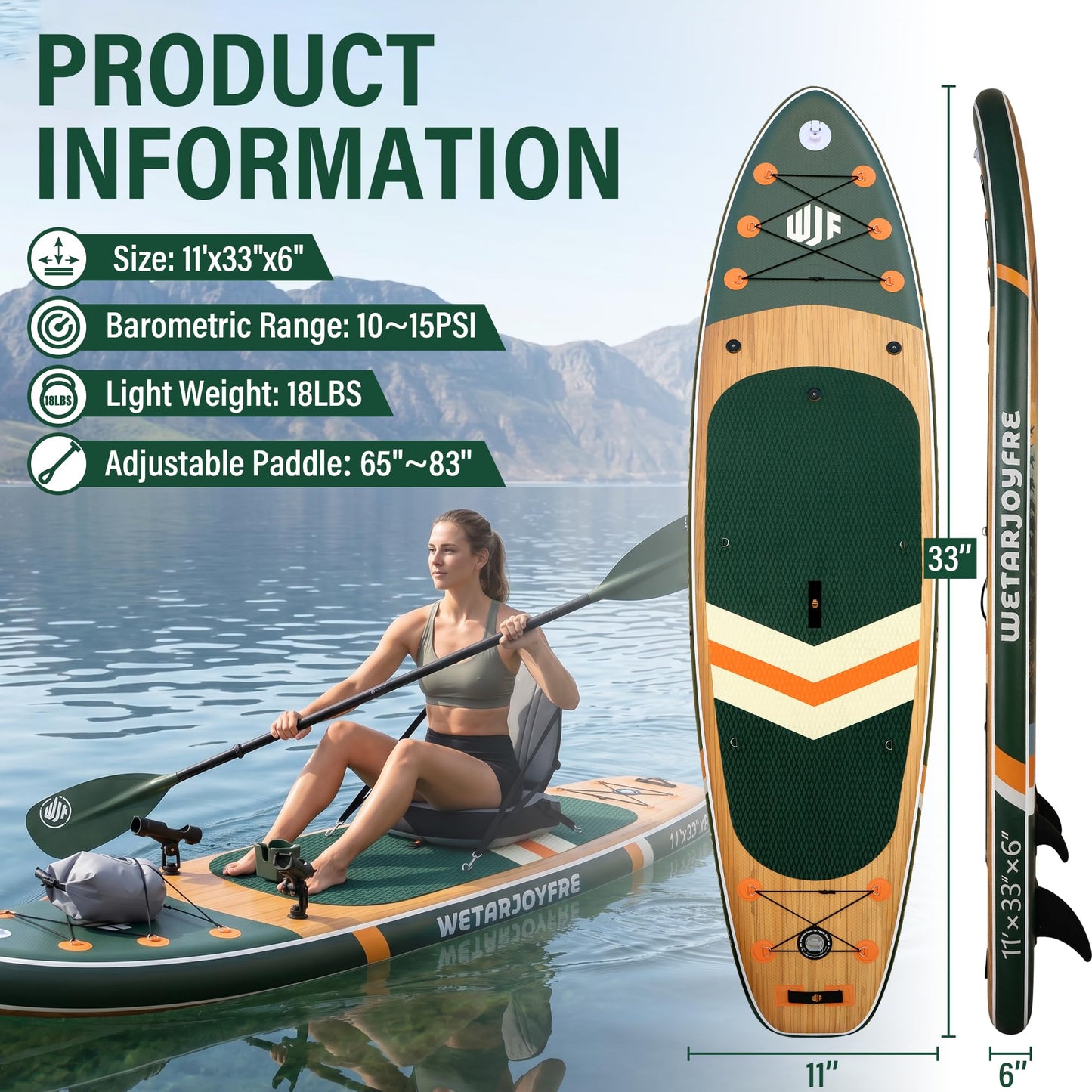 Wetarjoyfre Inflatable Paddle Board 11'×33"×6" SUP Board for Adults, 17Lbs Ultra-Light Fishing Paddleboard with 550Lbs Capacity, Non-Slip Deck & Complete Accessories for Youth & Pets