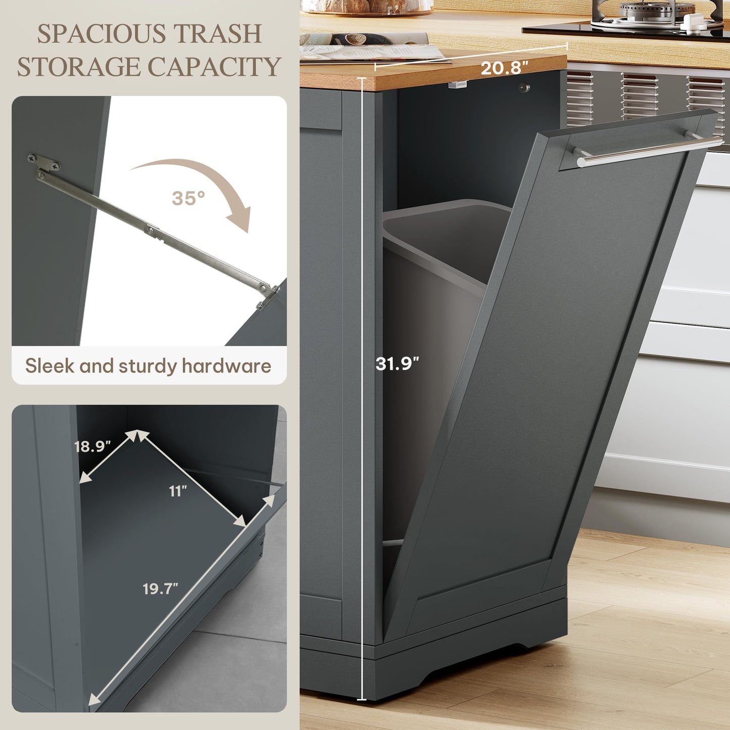 DWVO Large Kitchen Island with Trash Can Cabinet, 53 Inch Kitchen Island on Wheels, Rolling Island with Tilt-Out Garbage Storage Fits 13 Gallon Bin, Spice Rack and Drawer, for Dining Room, Gray