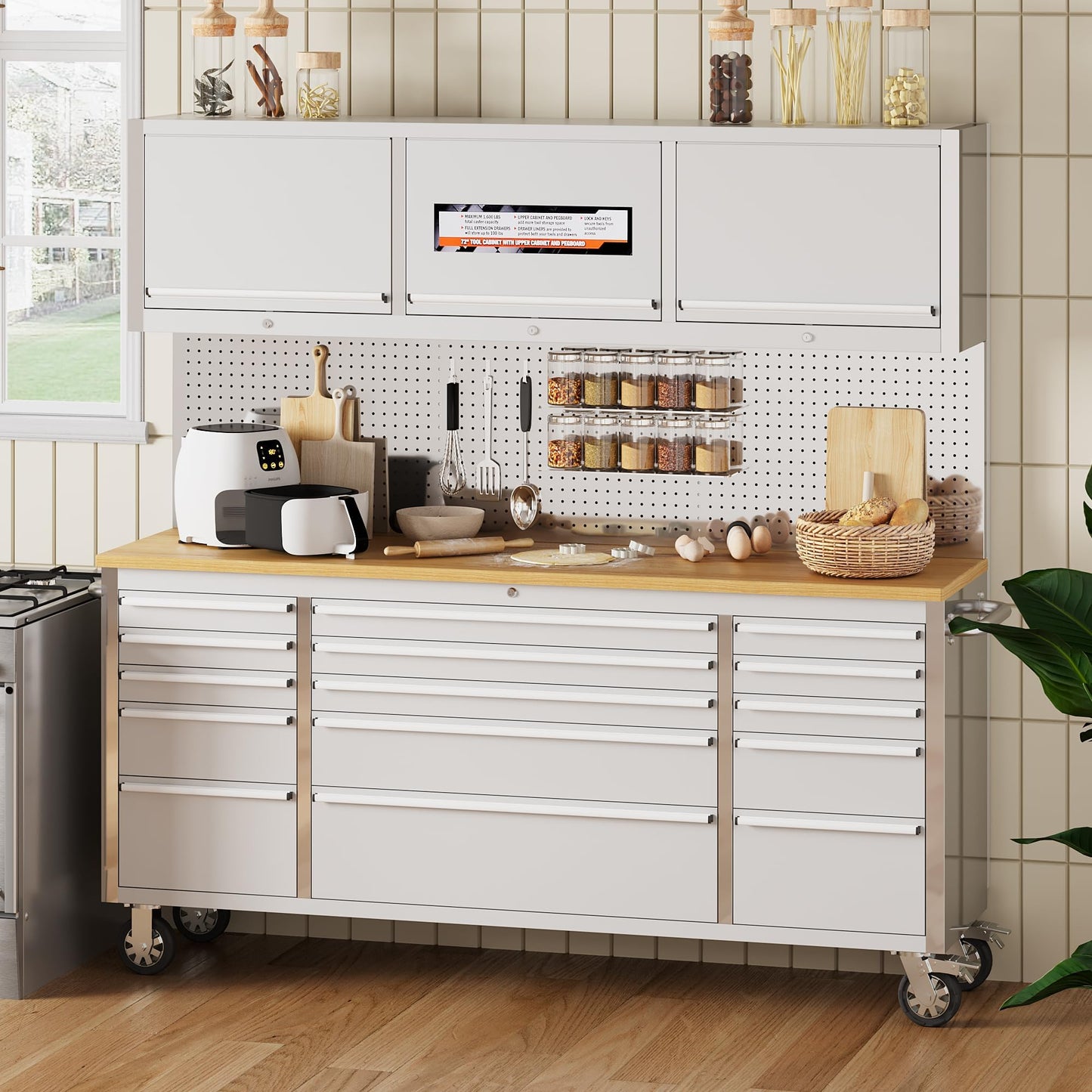 Heavy Duty 61" Tool Chest Cabinet, Mobile Garage Workbench with 15Drawers and Power Strip, Rubber Wood Worktop, 1675 LBS Load, Rolling Tool Storage Organizer for Mechanic, Shop or Home Use