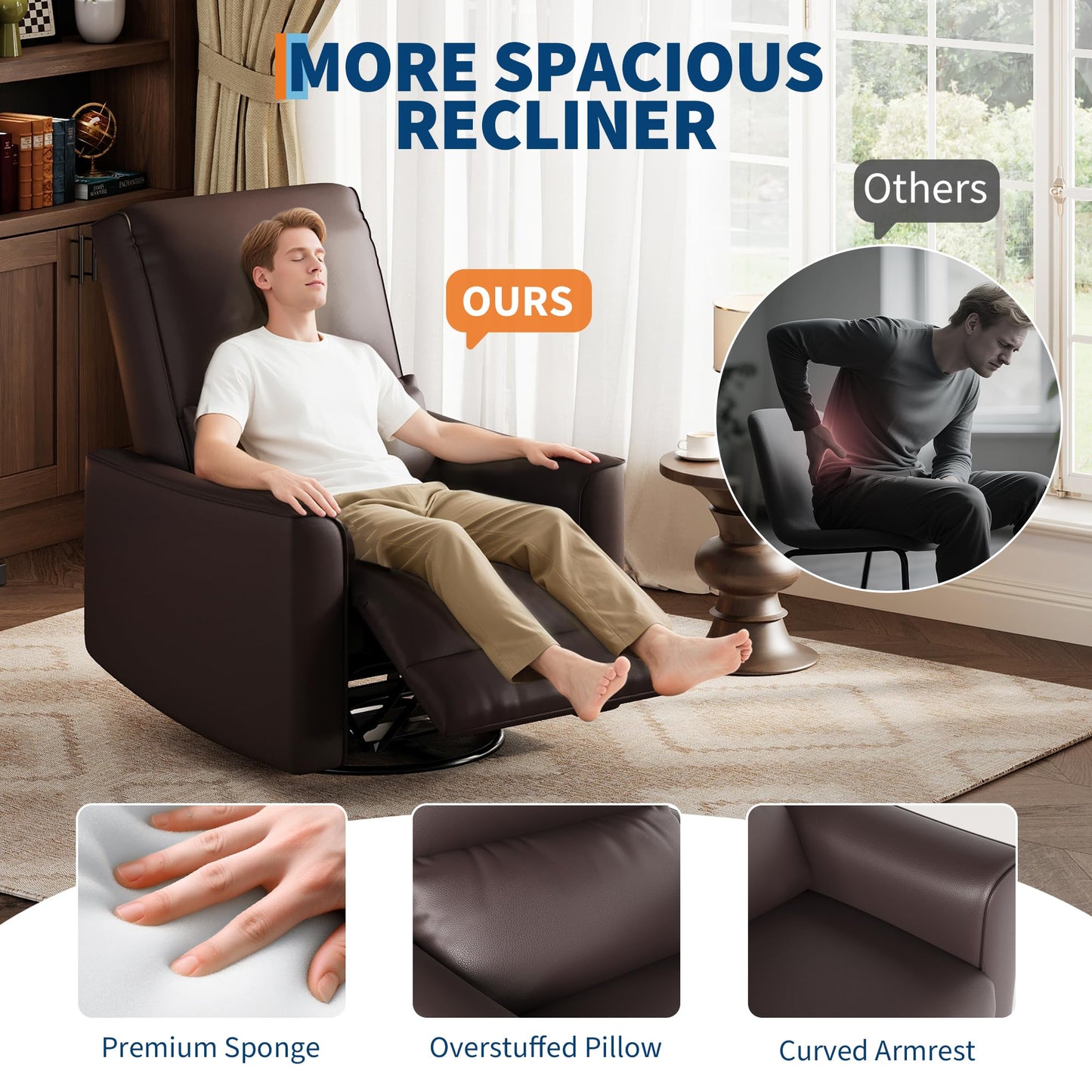 GarveeHome Recliner Chair, 360° Swivel Rocker Glider Nursery Chair with Padded Armrest and Deep Seat, PU Leather Upholstered Reclining Sofa Chair for Living Room, Bedroom and Nursery (Dark Brown)