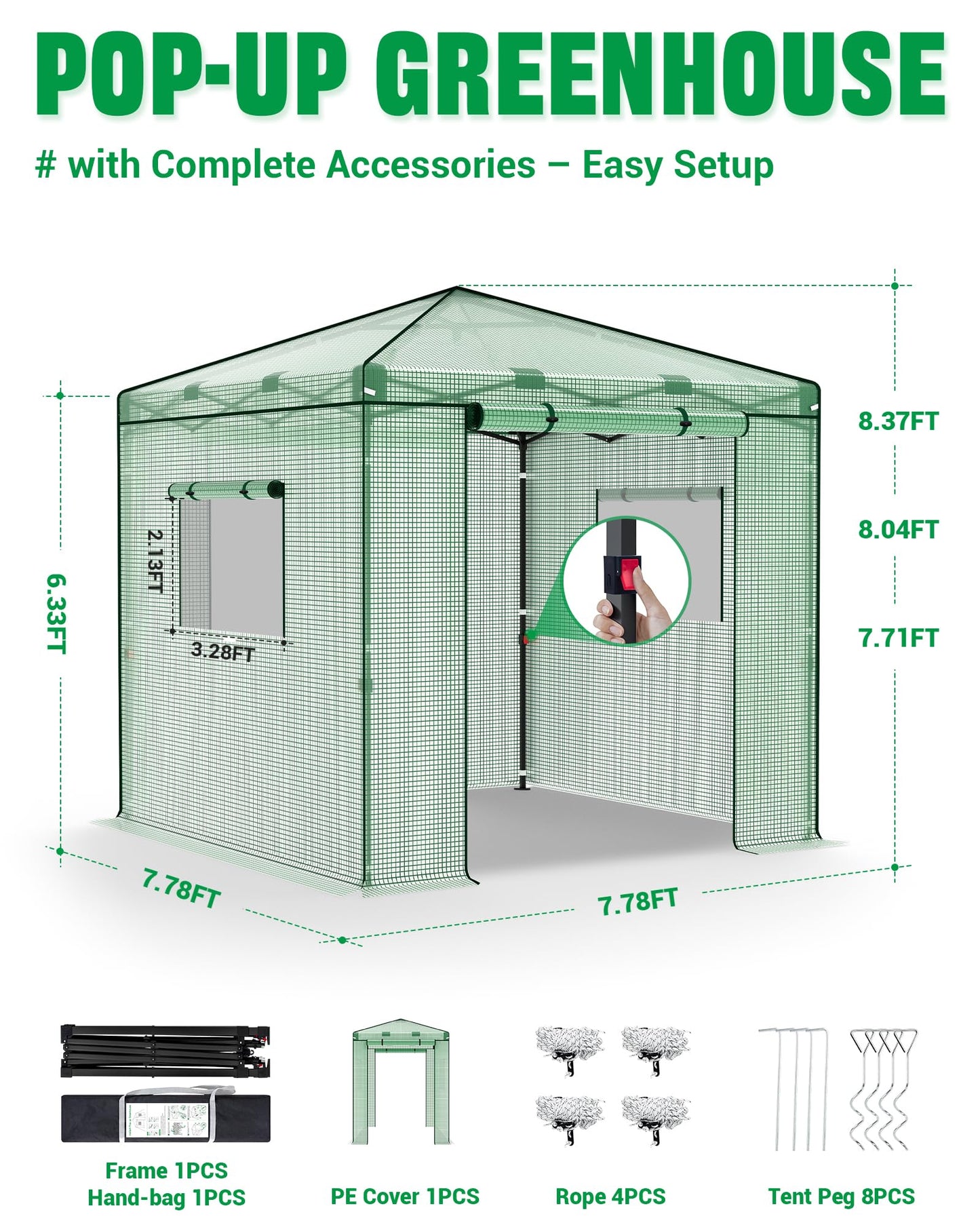 Acepic 8x8 Instant Pop up Greenhouses, Indoor Outdoor Portable Greenhouse Walk-in for All Season, Small Green House with Roll-Up Zipper Doors and Side Windows, 4 Sandbags, Pe Cover, Green/Clear