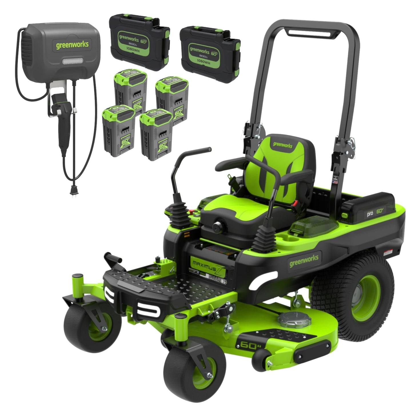 Greenworks 60V 60" MaximusZ Zero Turn Riding Lawn Mower, (2) 20.0Ah + (4) 8.0Ah Batteries and 1.5kW Fast Charger
