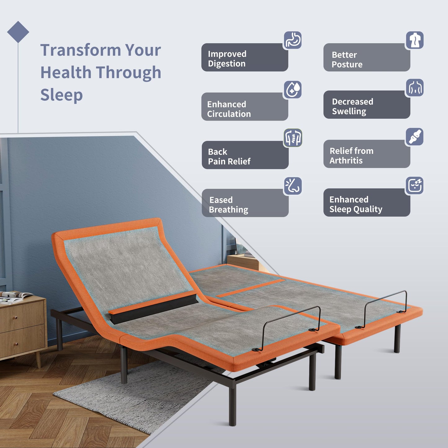 ESHINE Queen Adjustable Bed Frame with Lumbar Support, Head-Pillow-Tilt, Under Bed Light, Smart App Control, Zero Gravity, Dual USB Ports, Suitable for Most Queen Mattresses, 6000 Series