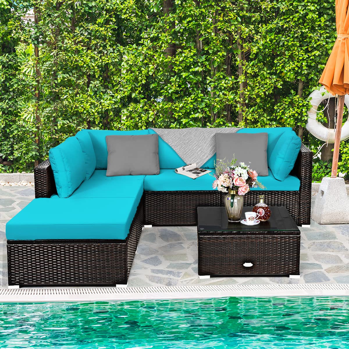 COSTWAY 6-Piece Outdoor Patio Furniture Set, Rattan Sectional Sofa Set with Tempered Glass Coffee Table, Cushions and Ottoman for Garden, Deck, Backyard (Turquoise)