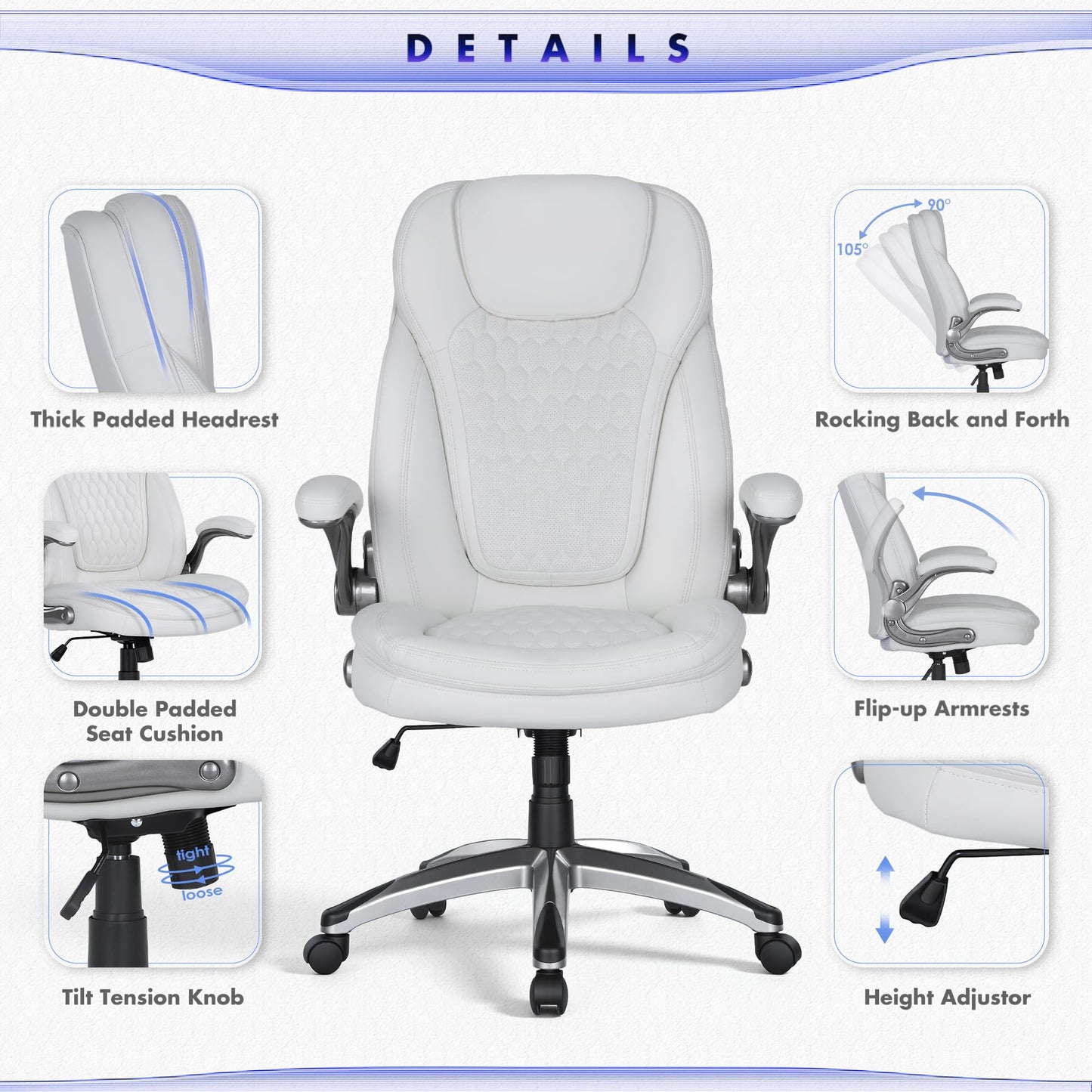 COLAMY High Back Executive Office Chairs Set of 2, Ergonomic PU Leather Desk Chairs with Flip-Up Armrests, Adjustable Height, Lumbar Support, Comfortable Computer Chairs for Home Office, White
