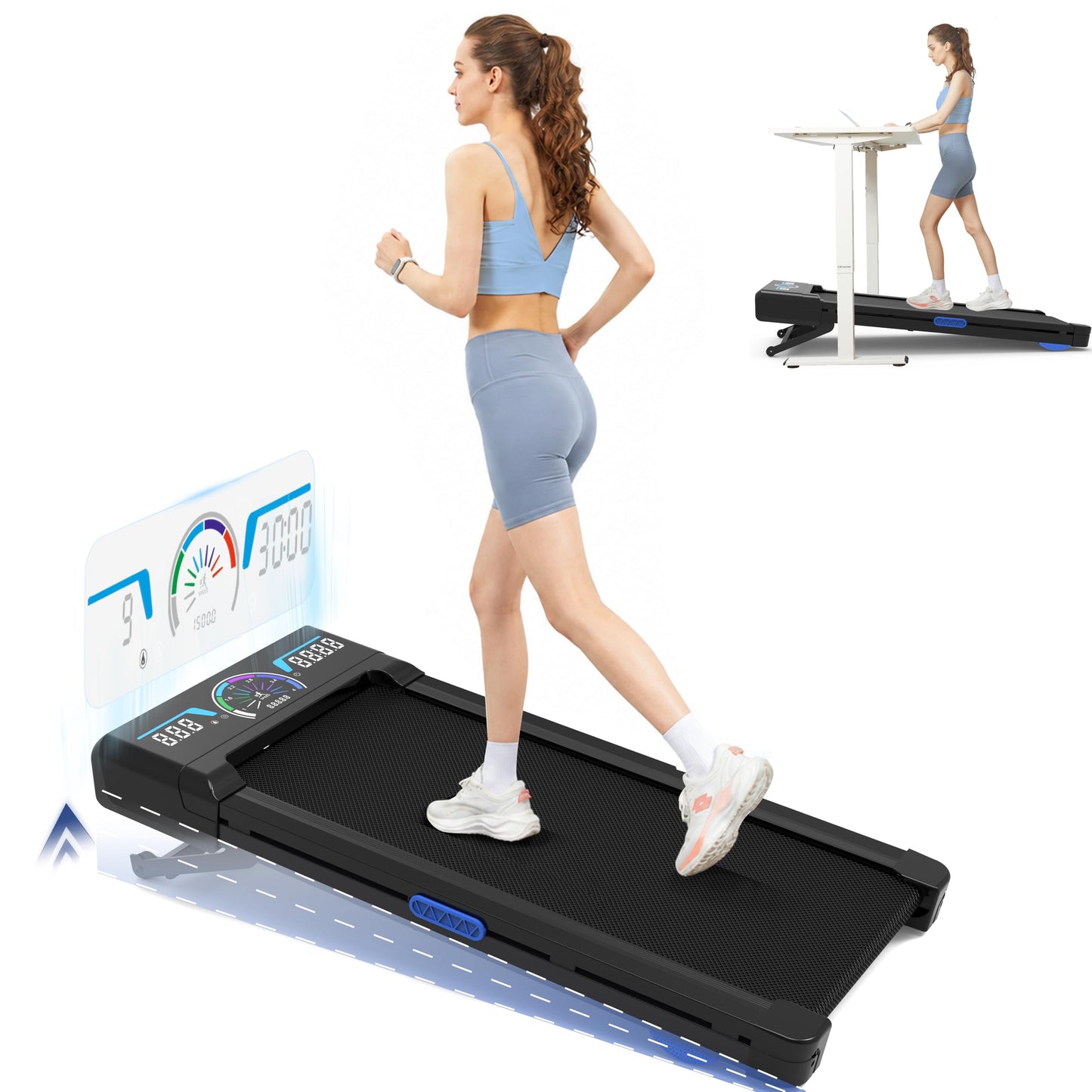 TRAILVIBER Walking Pad with 12% 9-Level Auto Incline, Smart App No Subscription, 450lbs Capacity, RGB LED Screen, Bluetooth Speaker, Compact Portable Under Desk Treadmill for Home Hiking, Blue
