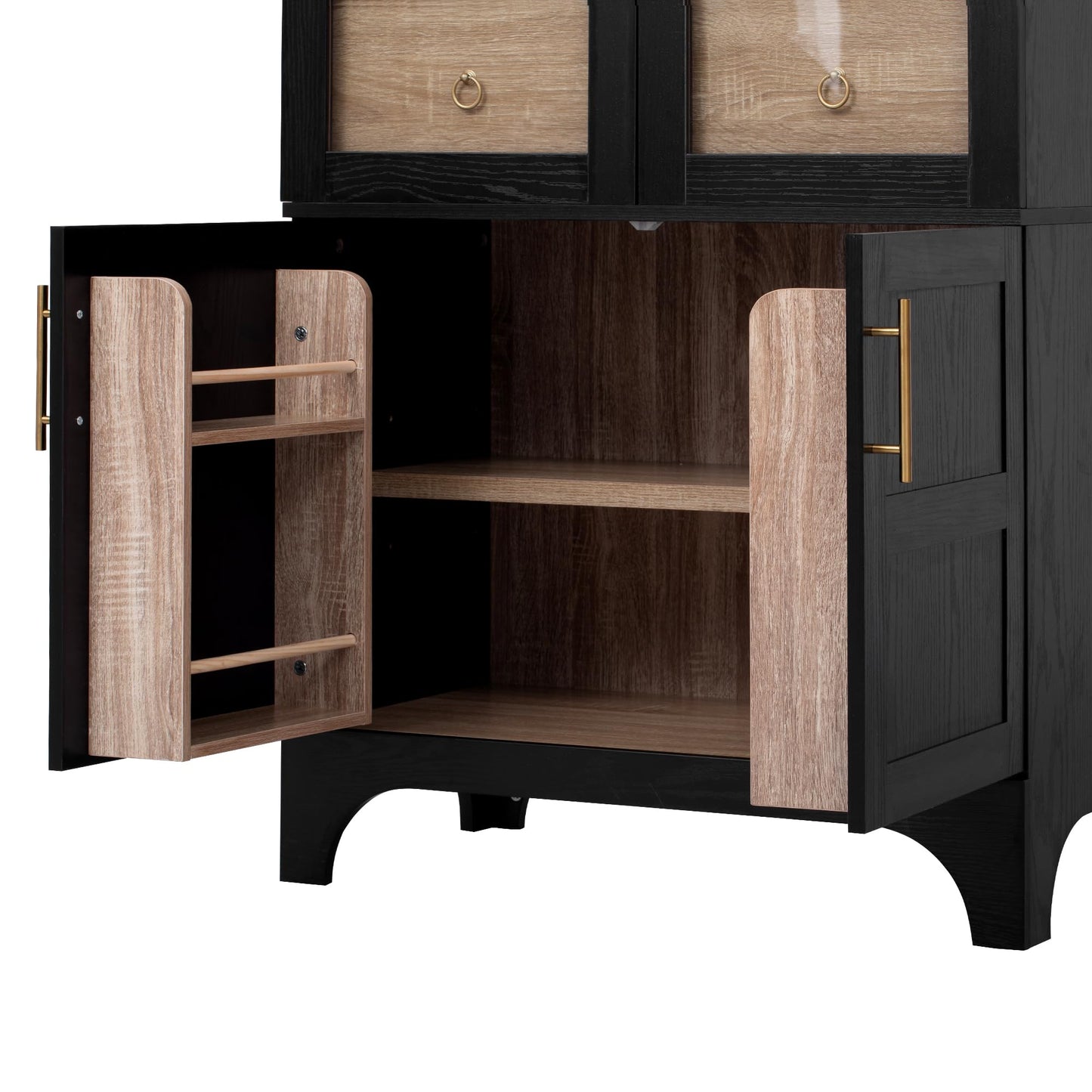 GDFStudio Mariah 71" Tall Arched Kitchen Pantry Cabinet with Hidden Drawer, Glass Door & Adjustable Shelves, Farmhouse Storage Cabinet Cupboard for Kitchen Dining Room, Home Pantry Storage, Black