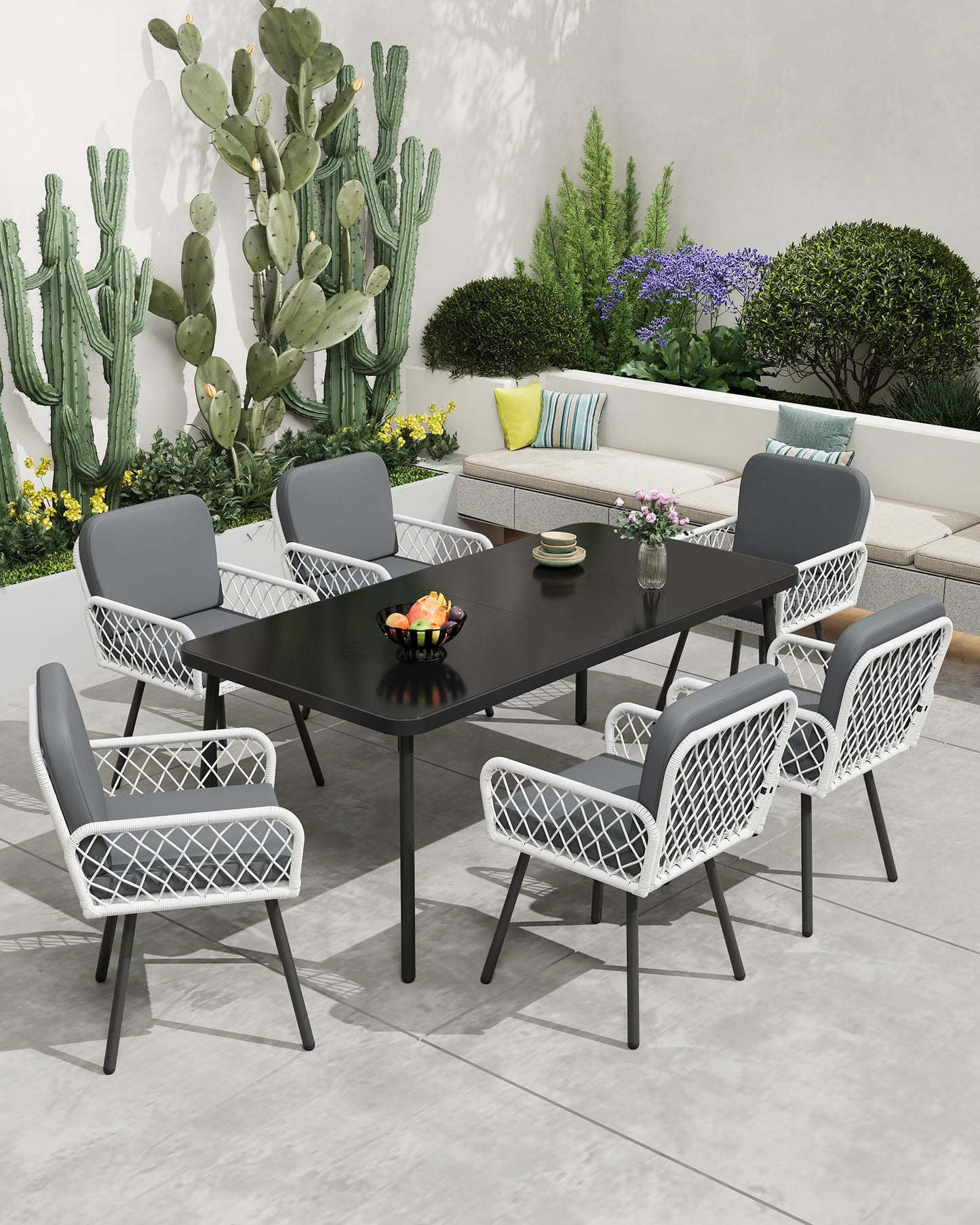 GarveeLife 7 Piece Patio Dining Set, Outdoor All-Weather Wicker Furniture with Table, Patio Conversation Sets with Cushions for Balcony, Garden, Sunroom, Porch
