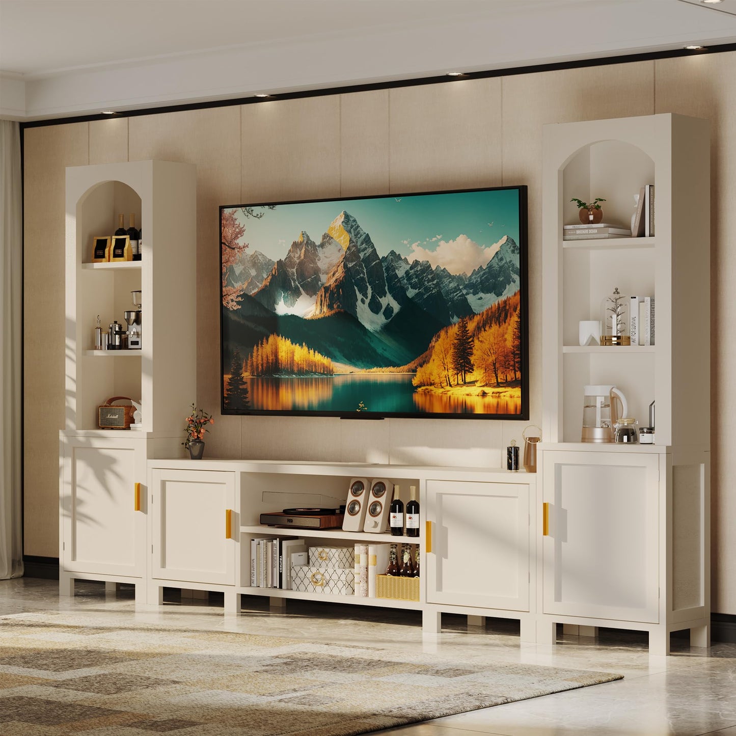 94" W 3-Piece Entertainment Center with Bookshelves for TVs up to 70", Large Wall Unit TV Stand with Power Outlets & Storage Cabinets, Modern Wood Media Console for Living Room, Bedroom, Office