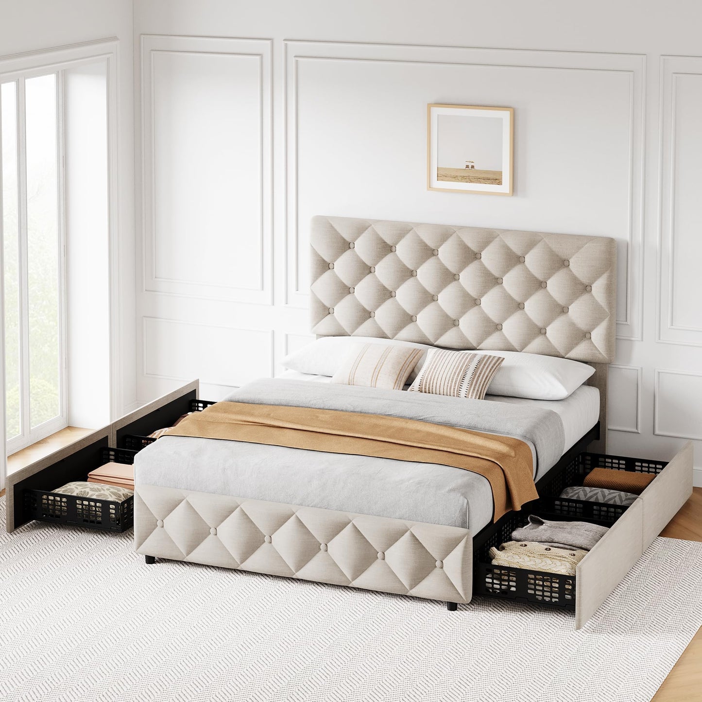 IDEALHOUSE Full Size Bed Frame with 4 Drawers, Upholstered Platform Bed Frame with Headboard, Wooden Slat, No Box Spring Need, Beige