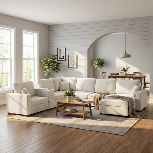 Merax Modern 134" U-Shaped Modular Sectional Sofa Couch with Cup Holders & Storage Drawers, Chenille 5-Seat Large Sectional Family Sofa with Chaise Lounge & Pillows for Living Room, Beige