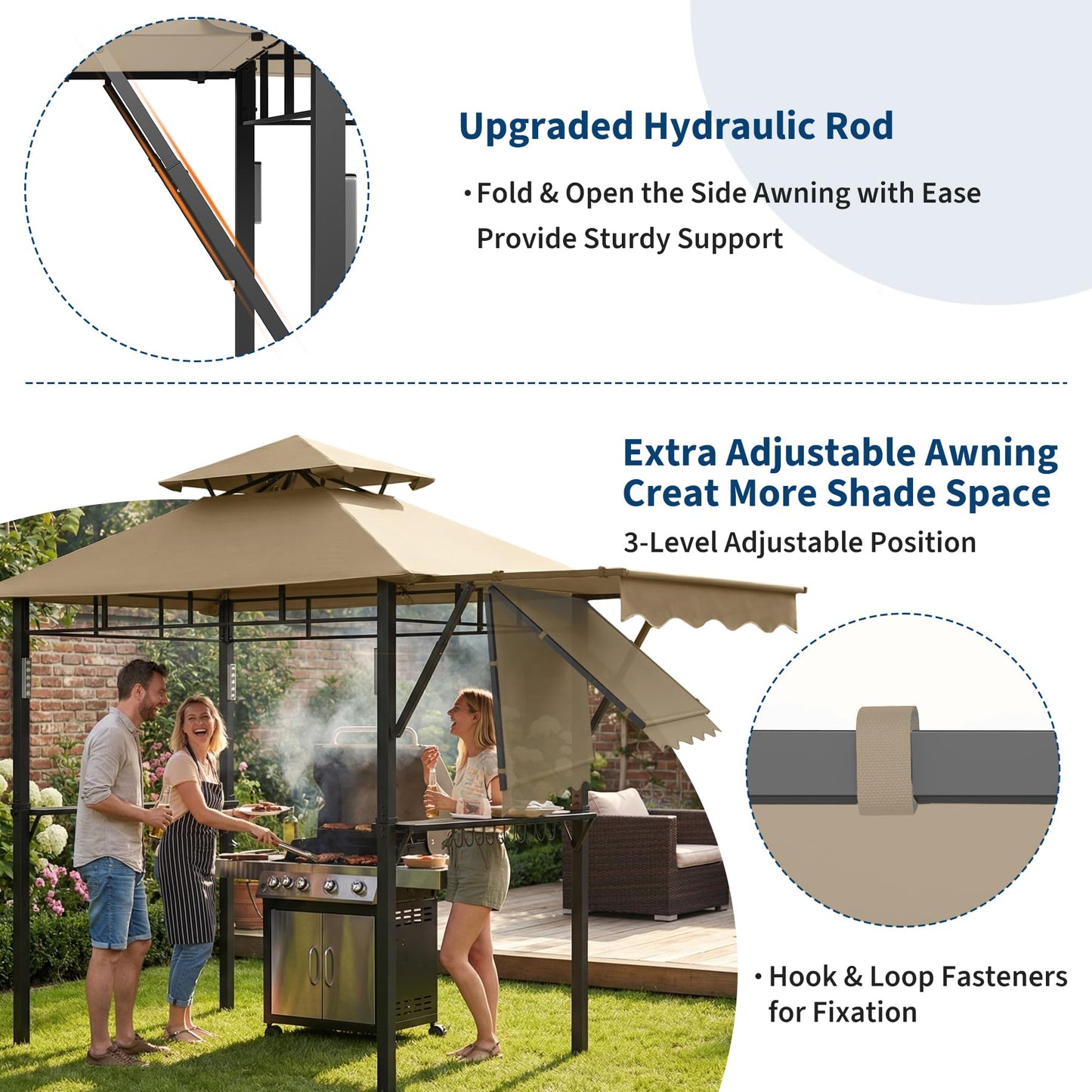 8x5 ft Grill Gazebo, Double Tired Outdoor Patio Canopy Tent with Side Awning Shelves,4 LED Lights,10 Hooks & Bottle Opener,Heavy Duty Steel Frame Grilling Canopy for Patio Backyard Garden Picnic,Khaki