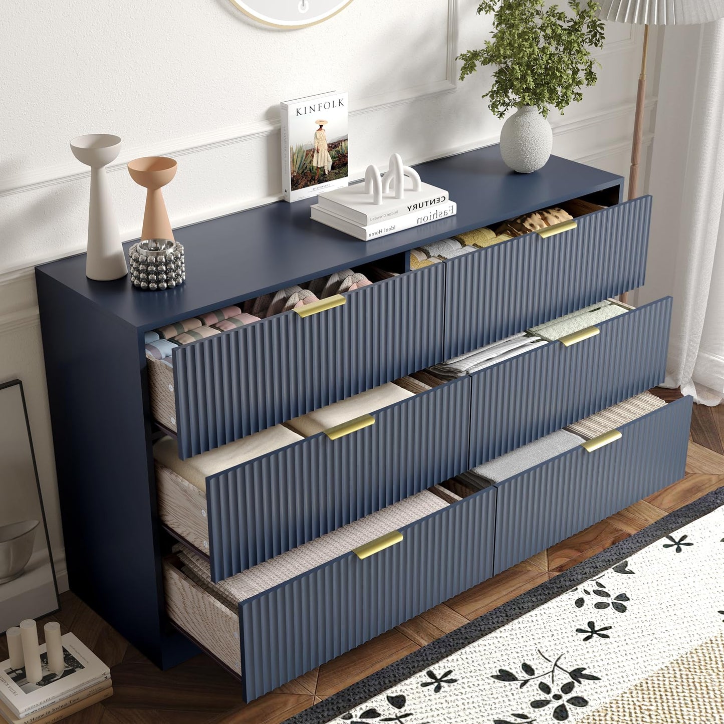 Sscaktu 6 Drawer Fluted Dresser for the Bedroom, 55" Wide Wooden Dresser with Deep Drawers, Large Floor Chest of Drawers, Modern Long TV Stand, Storage Cabinet for Livingroom, Hallway, Blue