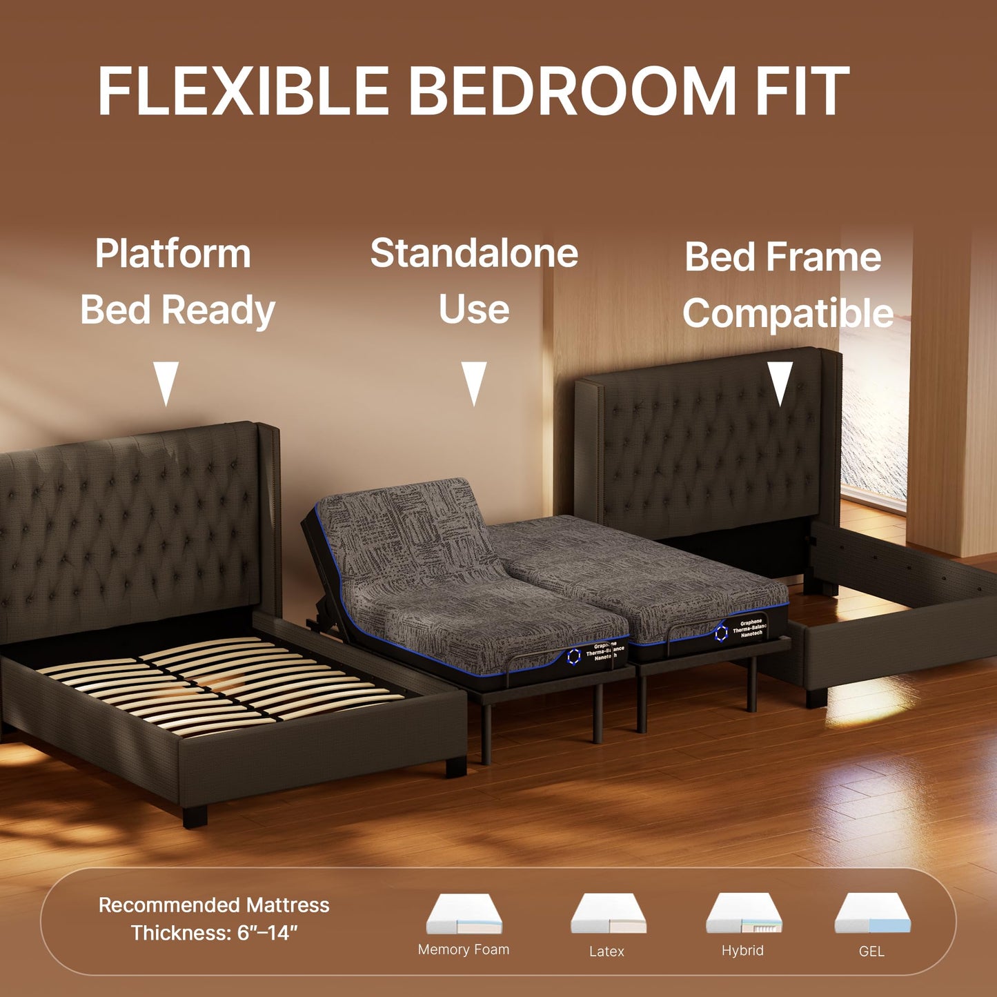 AMADA HOMEFURNISHING Split King Adjustable Bed Set, 3-Motor Adjustable Bed with Massage, Head & Foot Lift, Headrest Tilt, Zero Gravity, Anti-Snore, App & Remote Control, Easy Setup