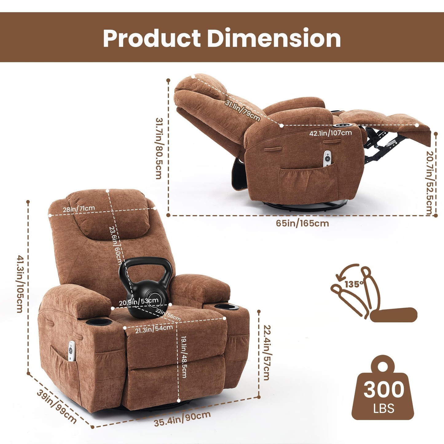 360° Swivel Rocker Recliner Chair for Adults with Massage & Heat, Manual/Electric Glider Reclining Lounge Chair for Living Room, Bedroom, Nursery, Comfortable Fabric Recliner, Light Brown