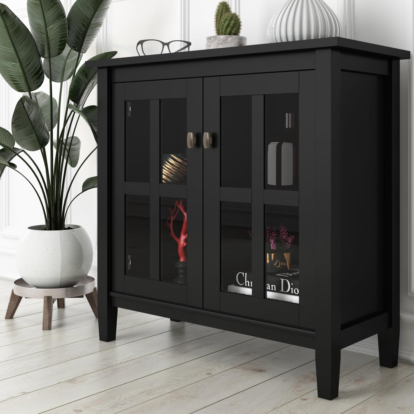 SIMPLIHOME Warm Shaker Storage Cabinet - 32 inch Wide Solid Wood 2-Shelf Low Storage Cabinet in Black, Transitional Accent Cabinet for Entryway with Tempered Glass Doors and Adjustable Shelves