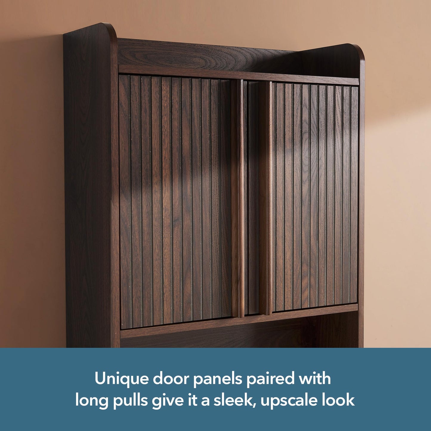 VANIRROR Fluted Wall Cabinet 33" H, Mid-Century Modern Dark Wood Bathroom Cabinet Over Toilet, Medicine Cabinet Storage with Doors & Open Shelf for Kitchen, Laundry Room and Entryway