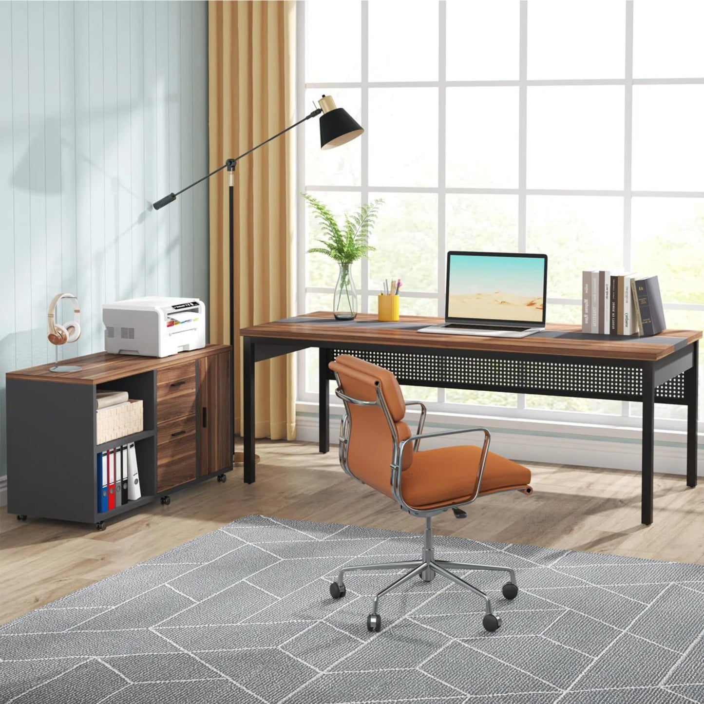 Tribesigns 71 Inch Executive Desk, L-Shaped Desk with Mobile File Cabinet, Executive Office Table with 2 Drawers and Storage Shelves, Business Furniture Workstation for Home Office, Walnut and Black