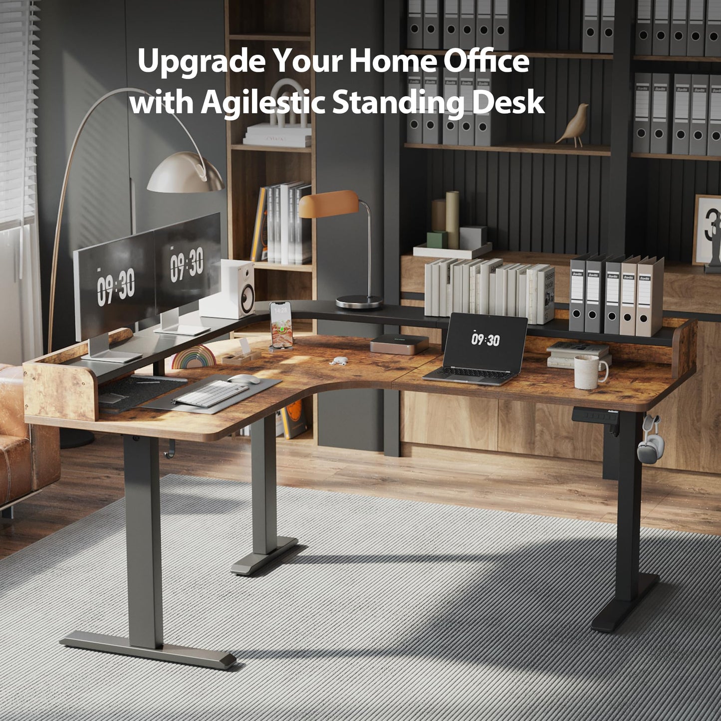 Agilestic L Shaped Standing Desk, Corner Desk with Monitor Shelf, Adjustable Height Gaming Table, Sit Stand Up Table, 63 x 55 Inch Home Office Computer Workstation, Splice Board, Rustic Brown