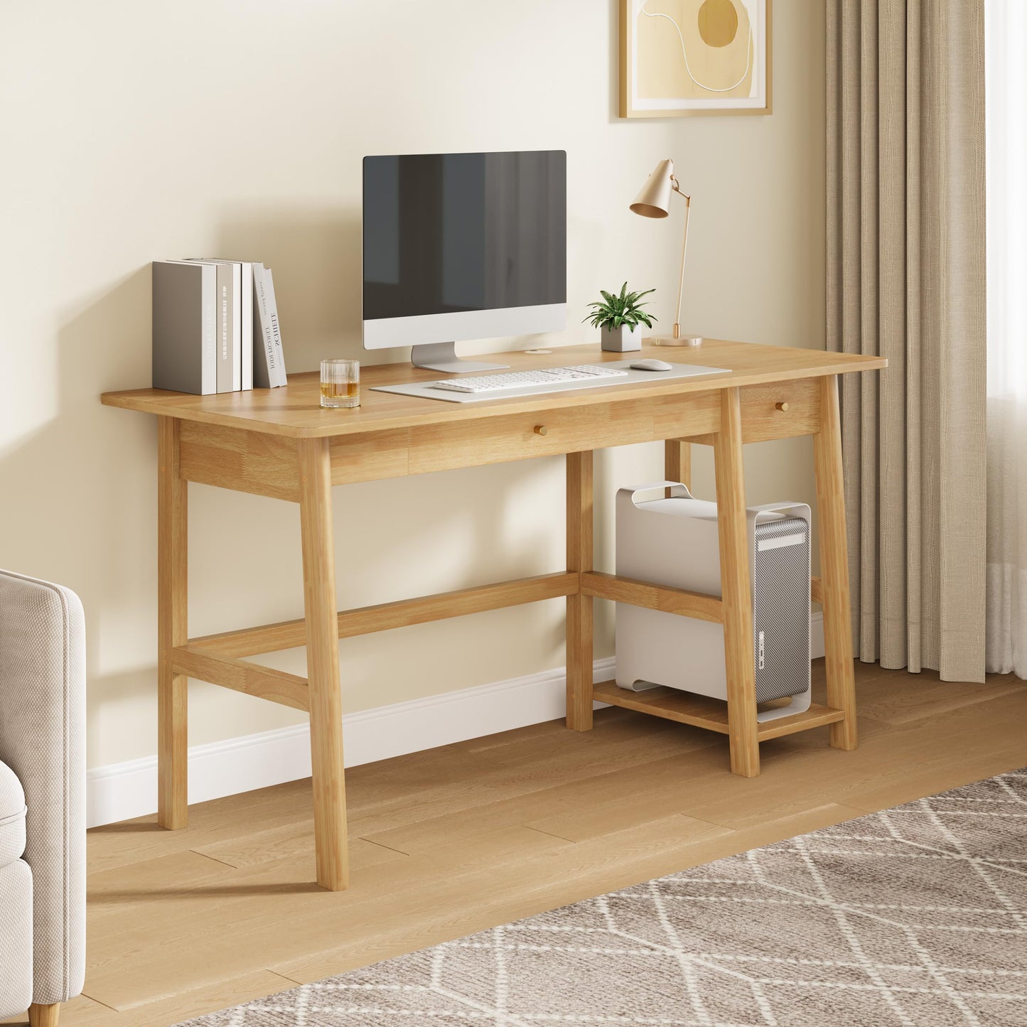NELYE Solid Wood Desk with Drawer - 58 Inch Modern Writing and Computing Workstation for Home Office in Oak