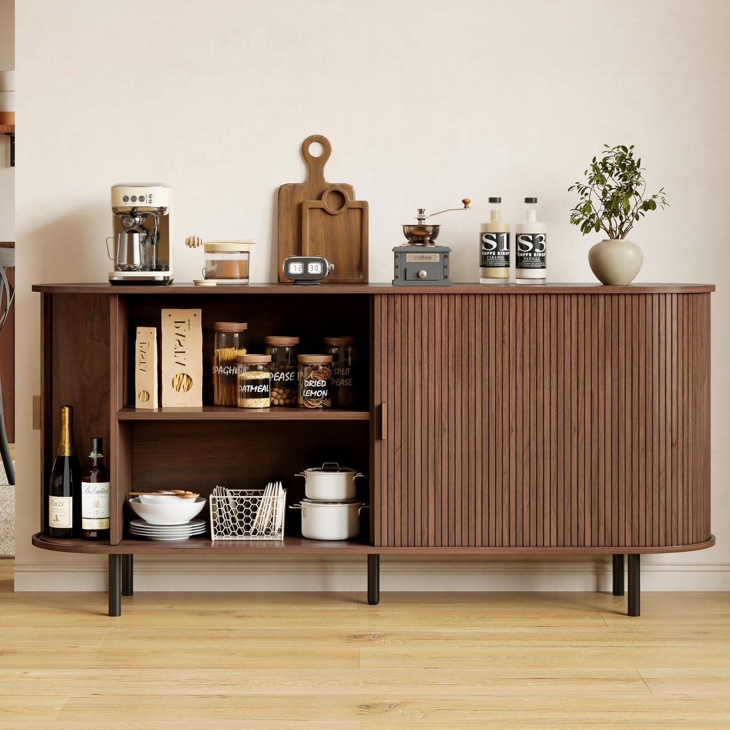 Buffet Sideboard Cabinet with Storage, 63" Fluted Cabinet with Sliding Door & Adjustable Shelf, Modern Accent Coffee Bar Console Table for Kitchen, Entryway, Walnut