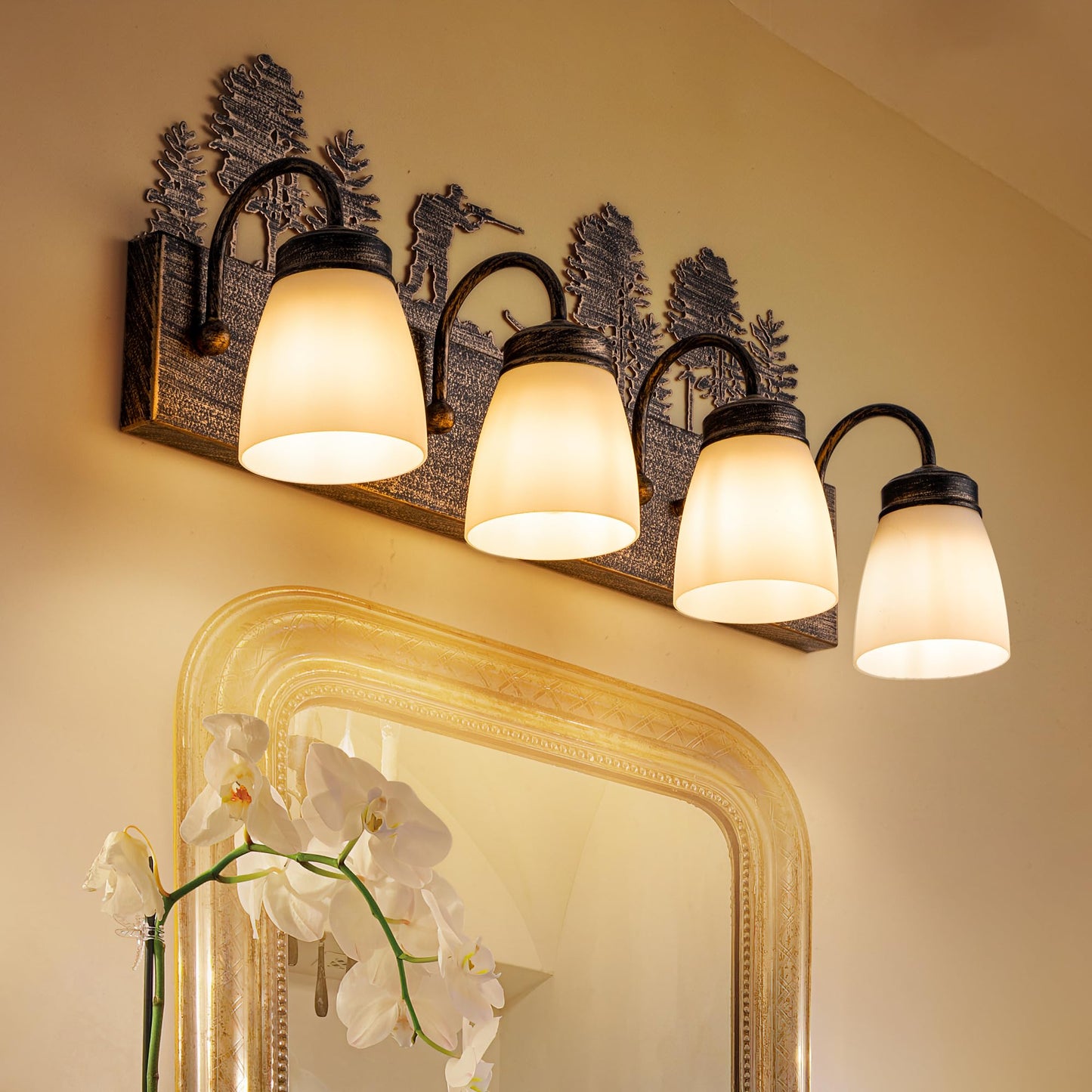 Wellmet Farmhouse Bathroom Vanity Light, 4 Lights Rustic Bathroom Light Fixtures Over Mirror, Bronze Western Sconces Wall Lighting for Mirror Cabinets, Powder Room, Living Room, 27”L