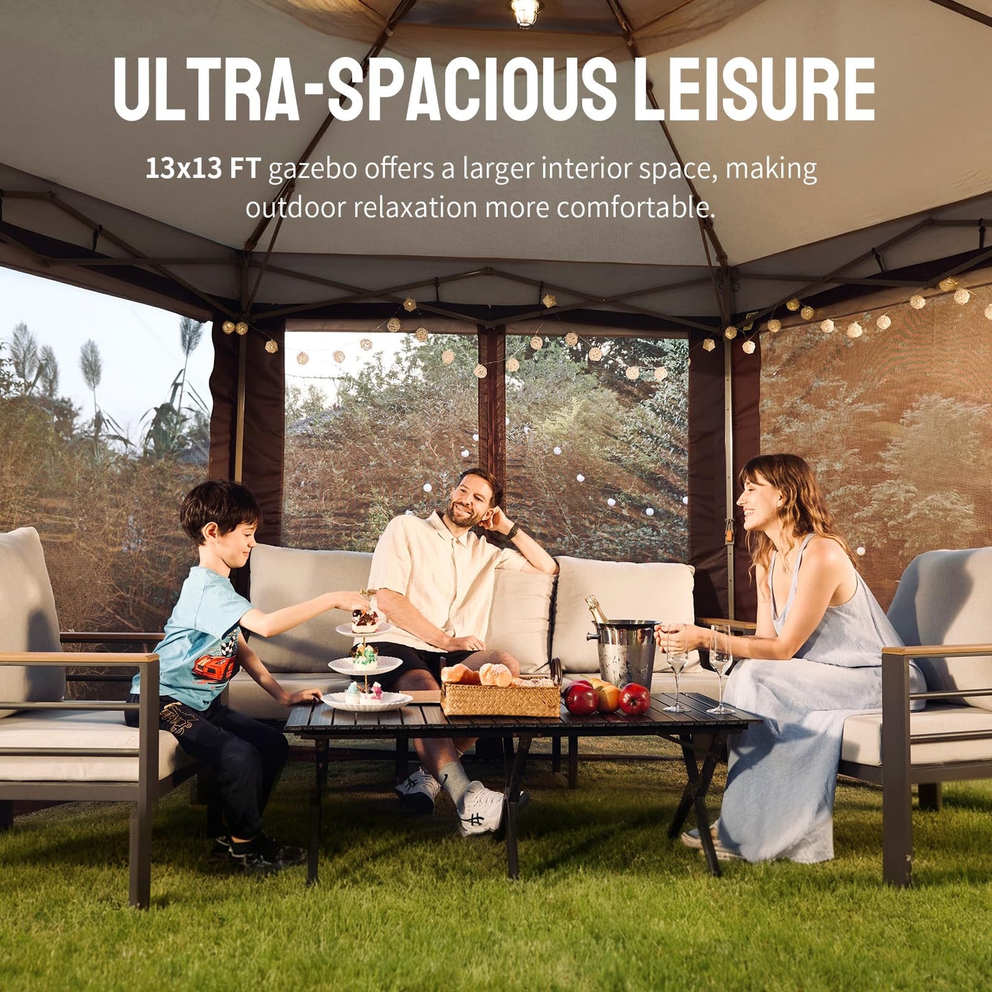 CROWN SHADES 13x13 Pop Up Gazebo with Mosquito Nettings, Patented CENTERLOK 6-Sided Portable Gazebo, 300D Silver-Coated Fabric UV Resistant, Pop Up Canopy Tent for Patio, Party, Beige&Coffee