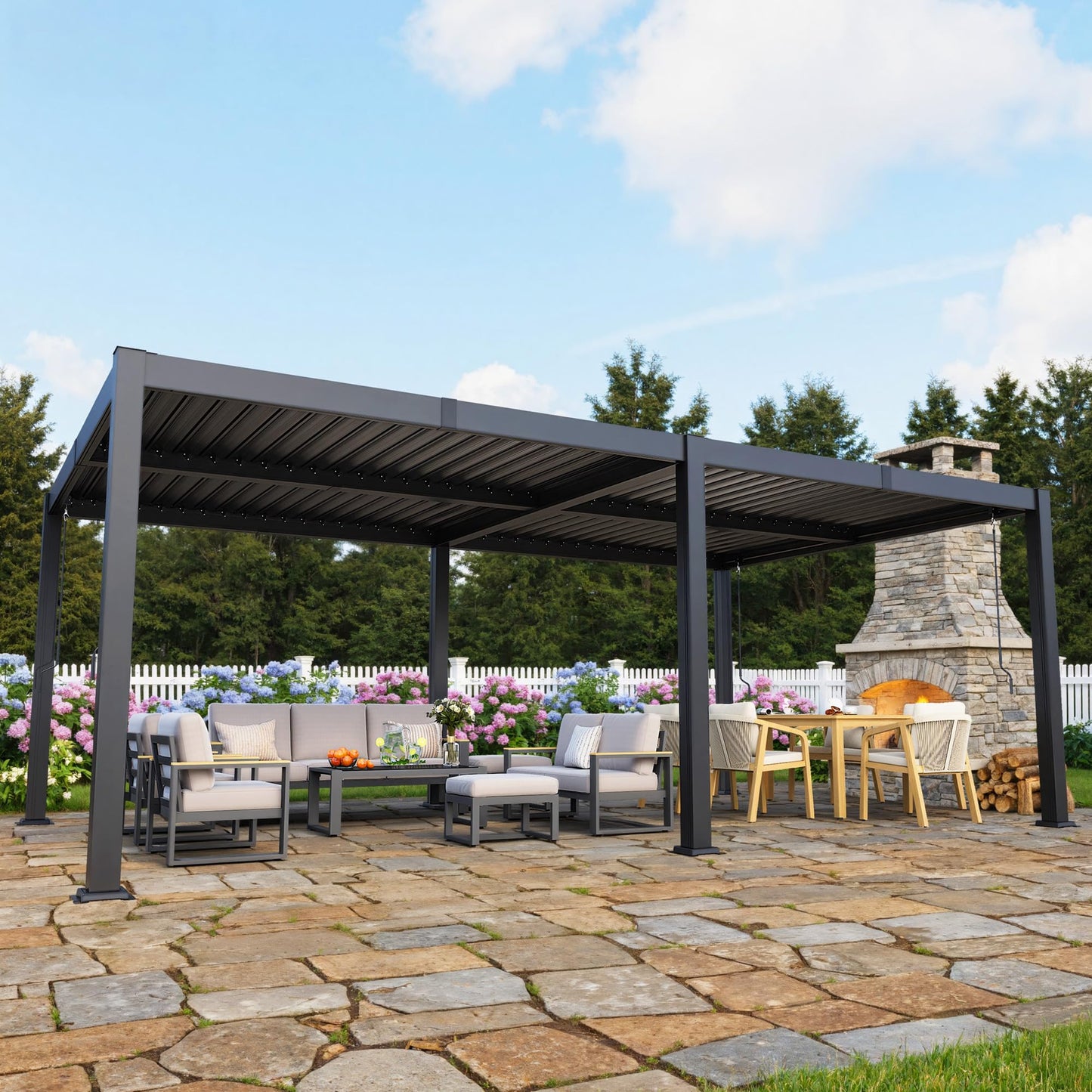 12' x 20' Louvered Pergola, Outdoor Pergola with Metal Adjustable Louvered Roof & Gutter System, Hardtop Patio Gazebo for Backyard, Patio, Garden, Dark Gray