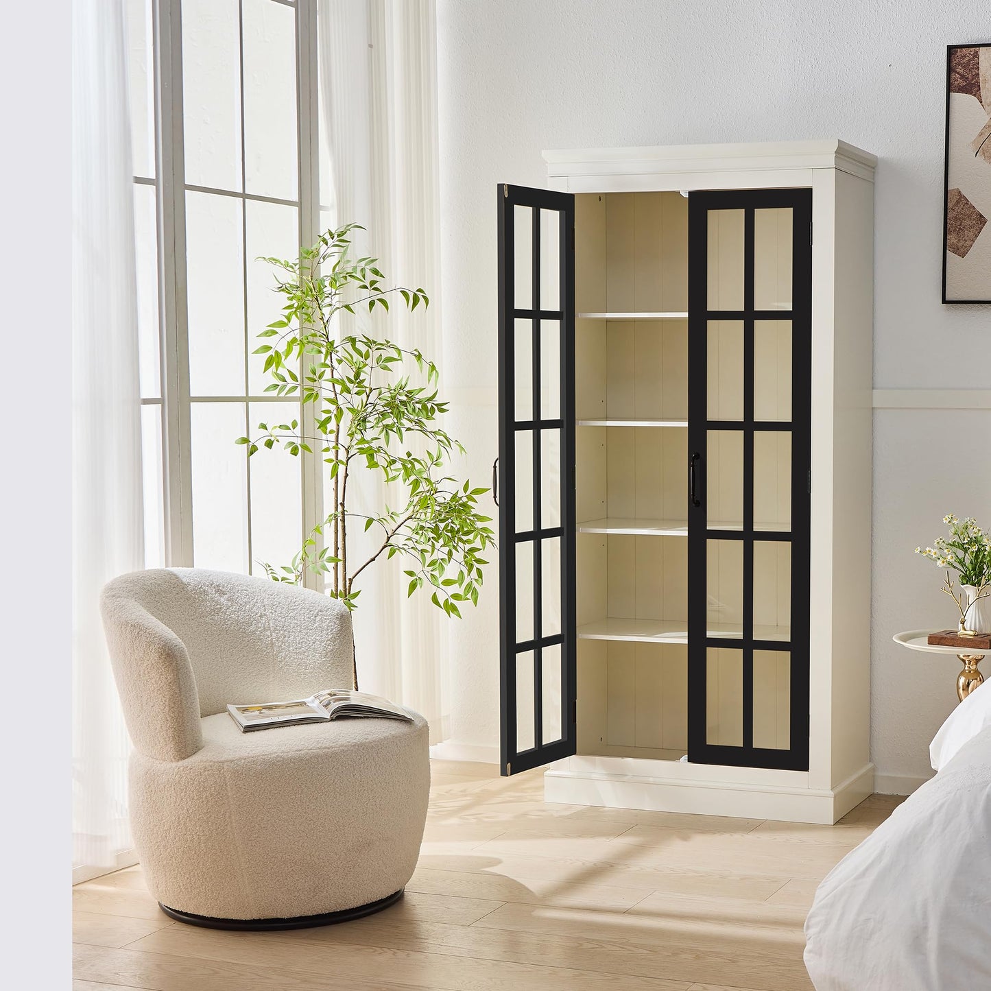 Ball & Cast 71.2" Tall Display Cabinet W/Glass Doors,Curio Cabinet W/Adjustable Shelves&Fixed Shelves for Collectibles,Trophies,Farmhouse Style Cabinets for Hallways,Living Room,Bedroom,White&Black